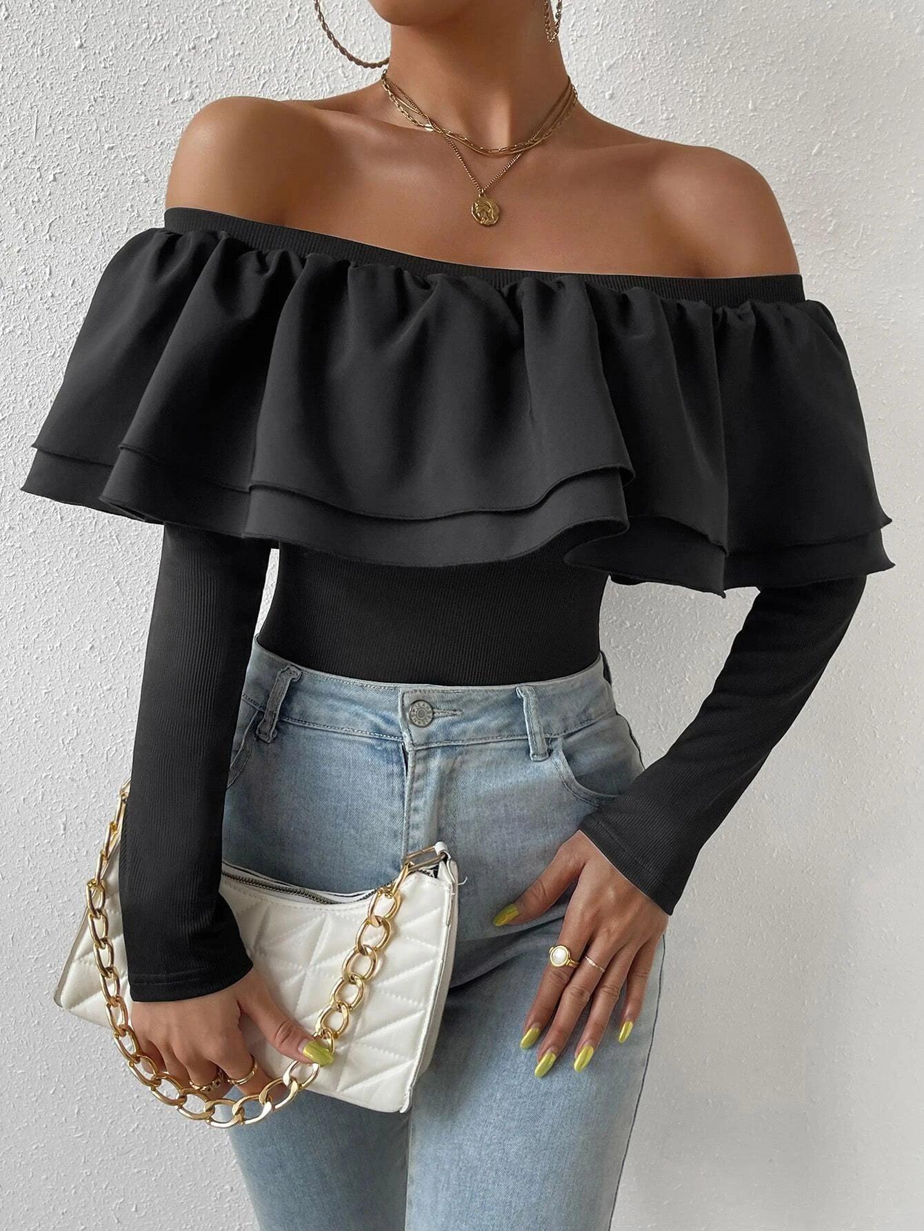 Off Shoulder Ruffle Bodysuit-Comfy Jumpsuits