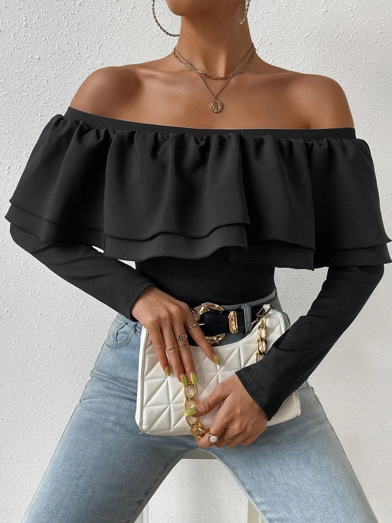 Off Shoulder Ruffle Bodysuit-Comfy Jumpsuits