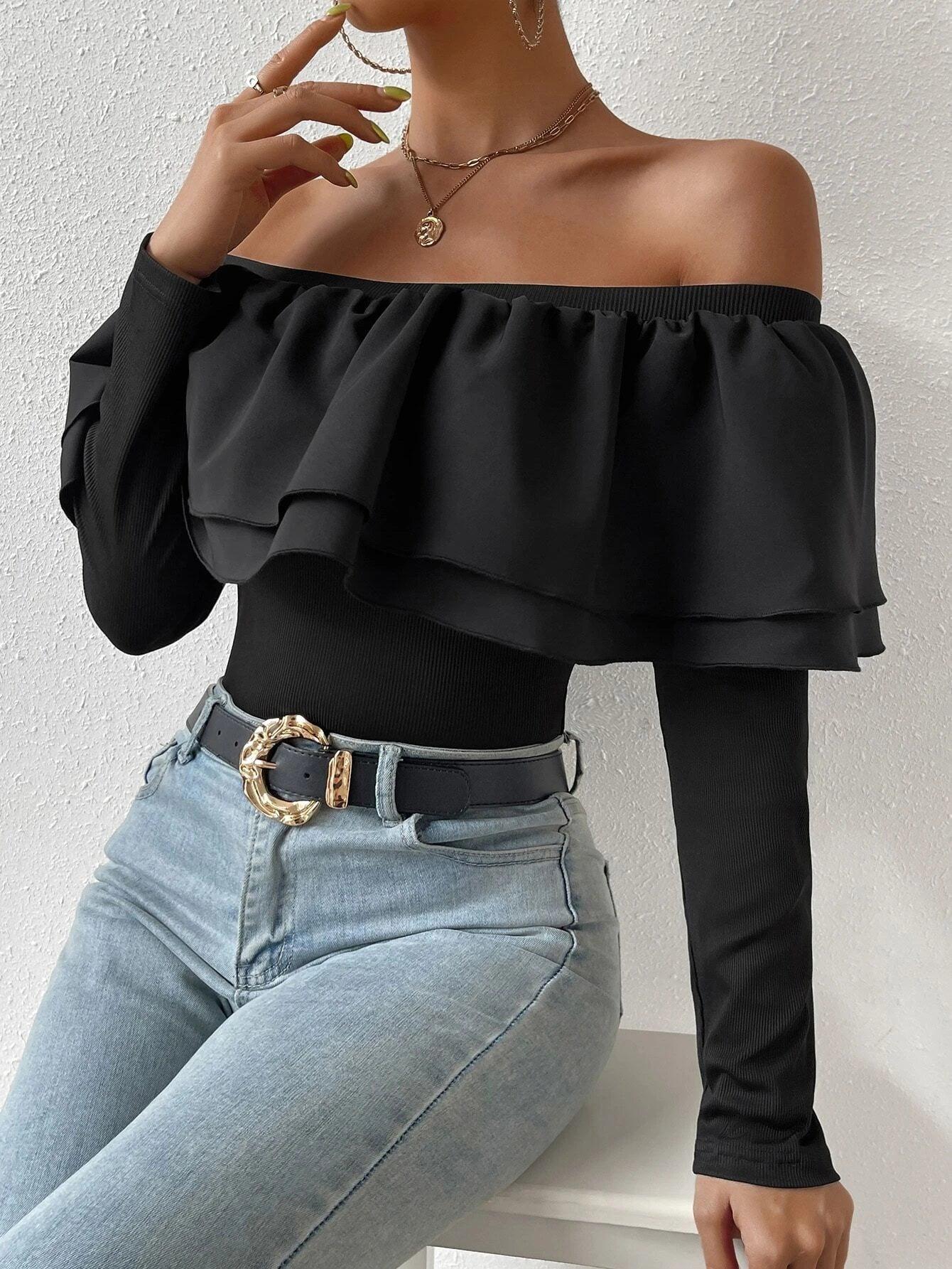 Off Shoulder Ruffle Bodysuit-Comfy Jumpsuits