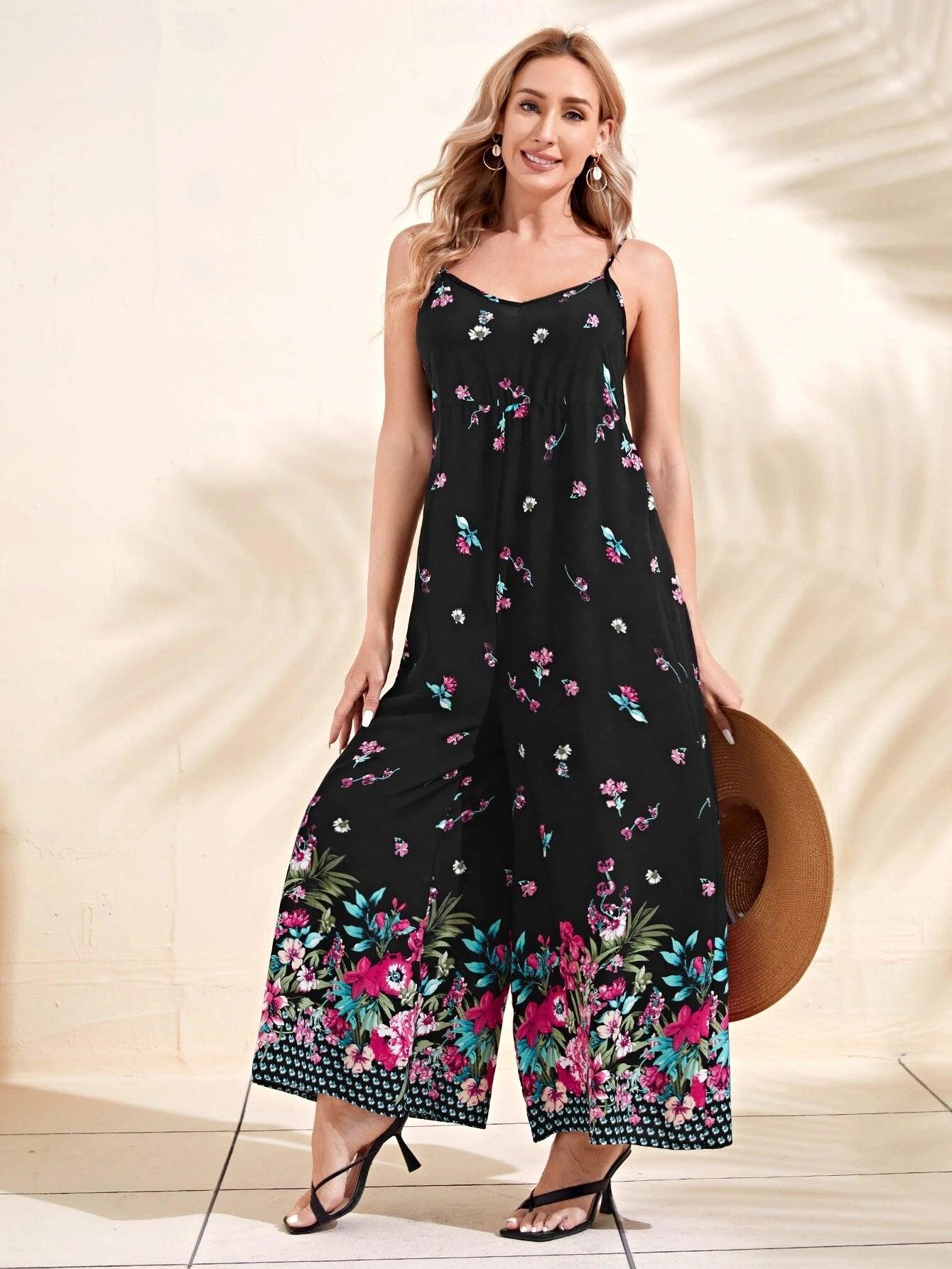Floral Print Wide Leg Cami Jumpsuit-Comfy Jumpsuits