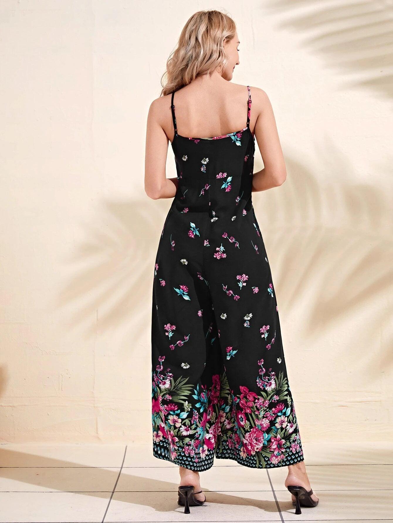 Floral Print Wide Leg Cami Jumpsuit-Comfy Jumpsuits