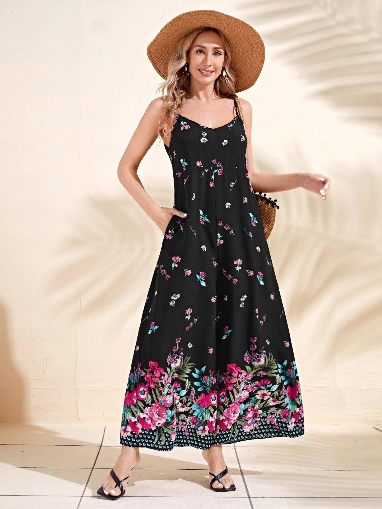Floral Print Wide Leg Cami Jumpsuit-Comfy Jumpsuits