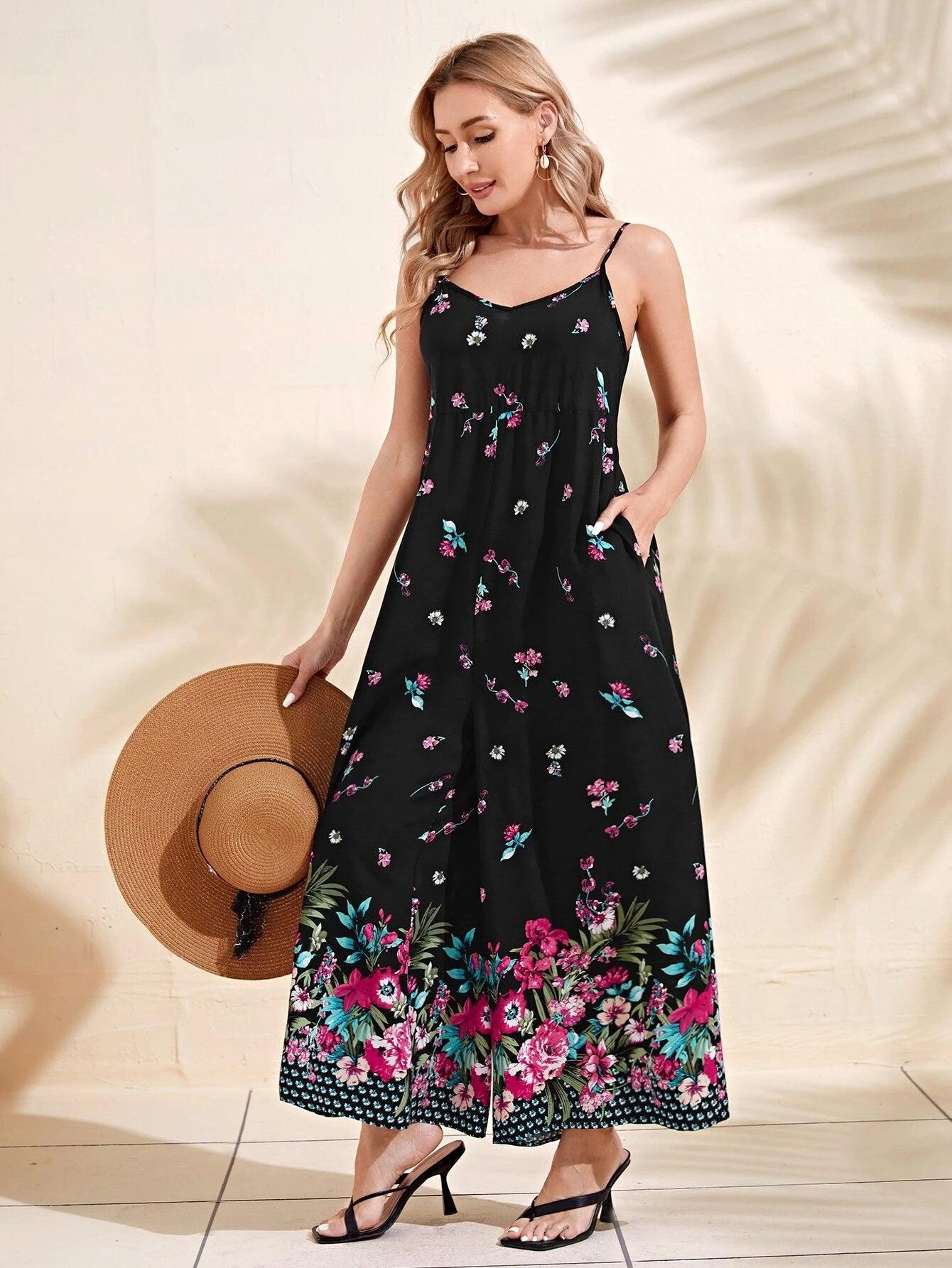 Floral Print Wide Leg Cami Jumpsuit-Comfy Jumpsuits
