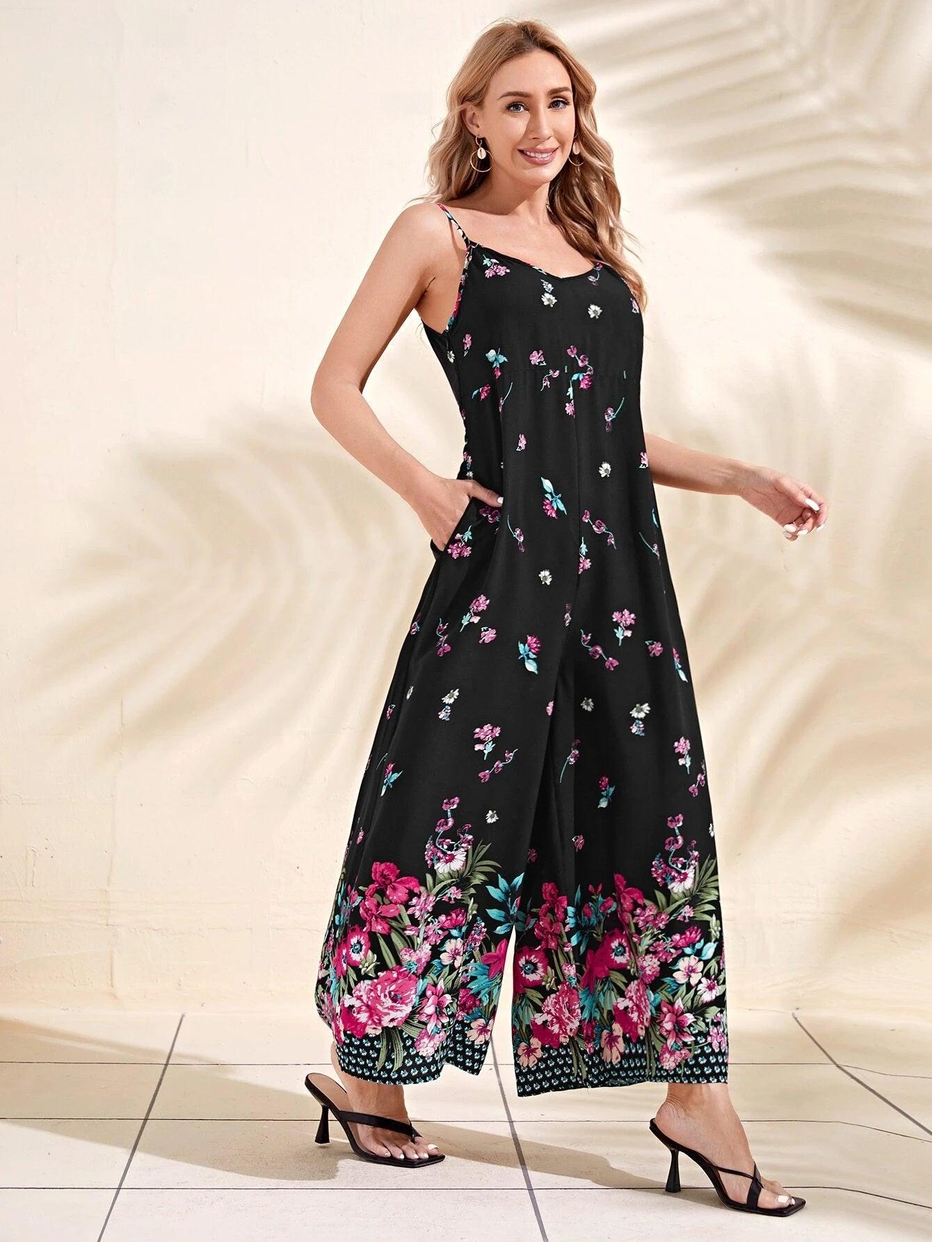 Floral Print Wide Leg Cami Jumpsuit-Comfy Jumpsuits