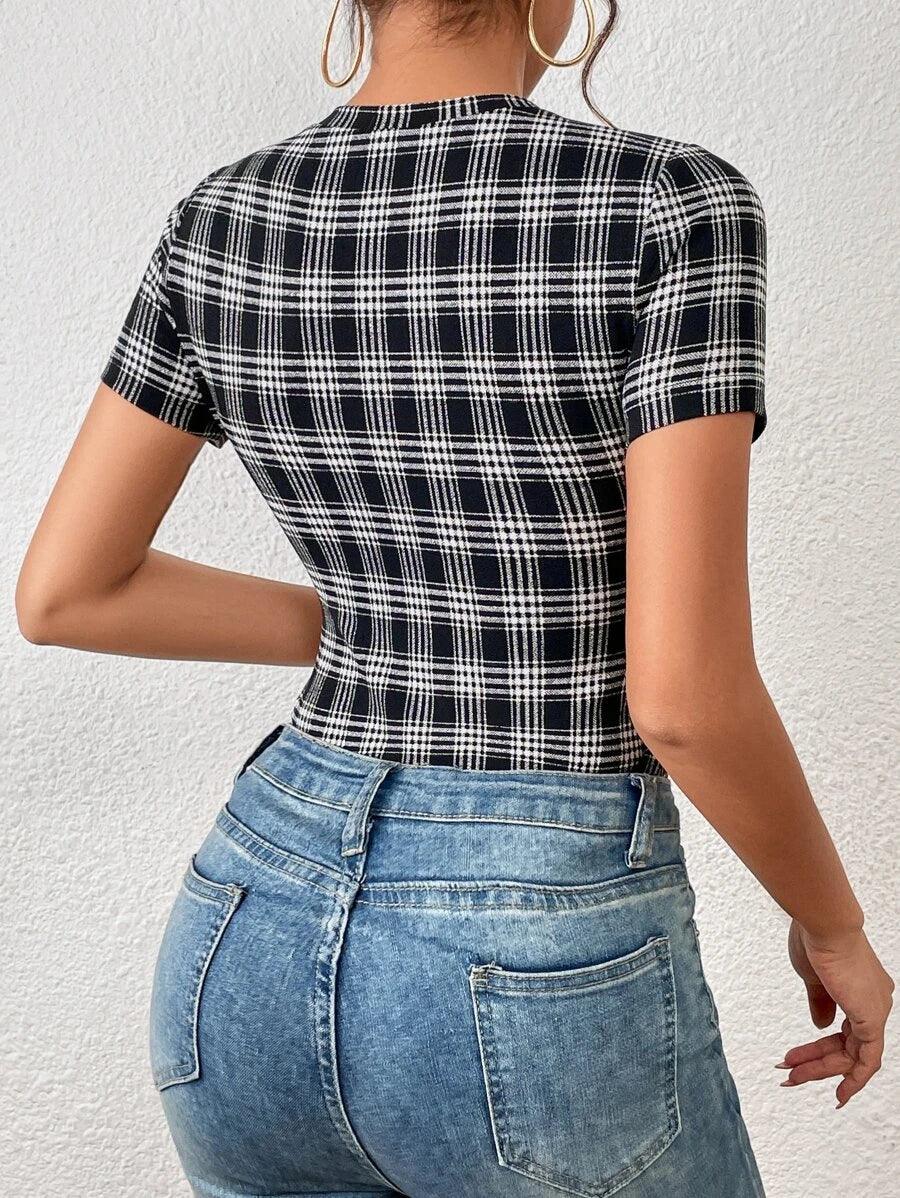 Plaid Print Slim Fit Bodysuit-Comfy Jumpsuits