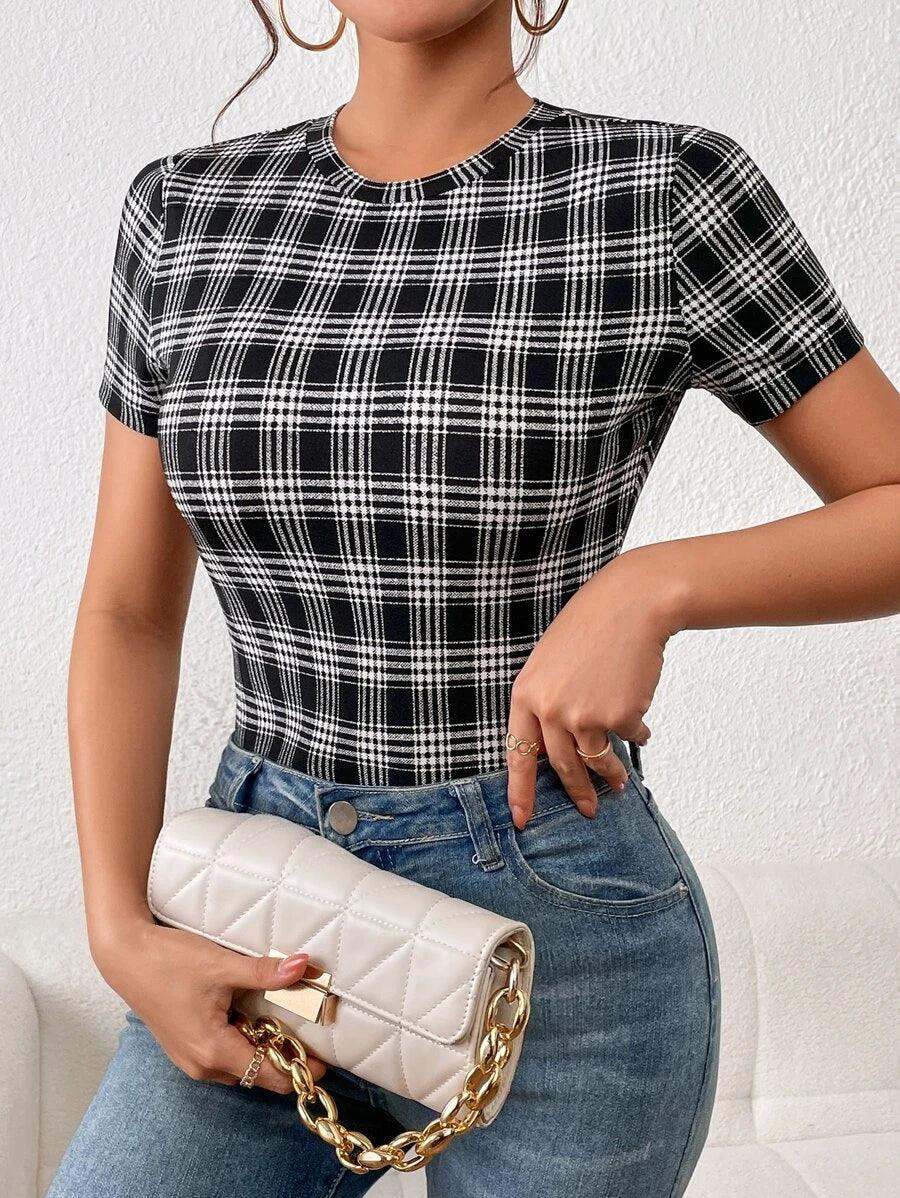 Plaid Print Slim Fit Bodysuit-Comfy Jumpsuits