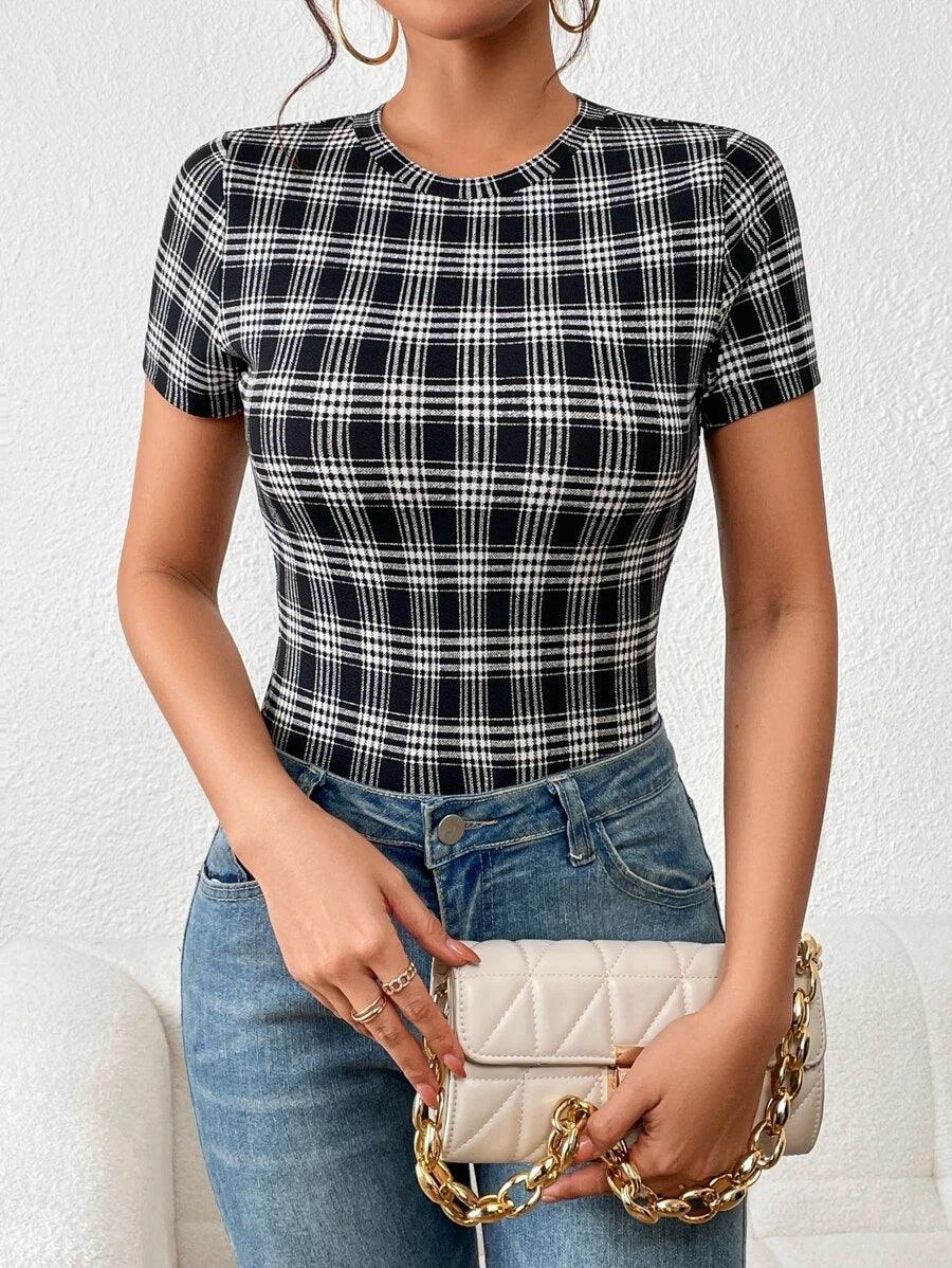 Plaid Print Slim Fit Bodysuit-Comfy Jumpsuits