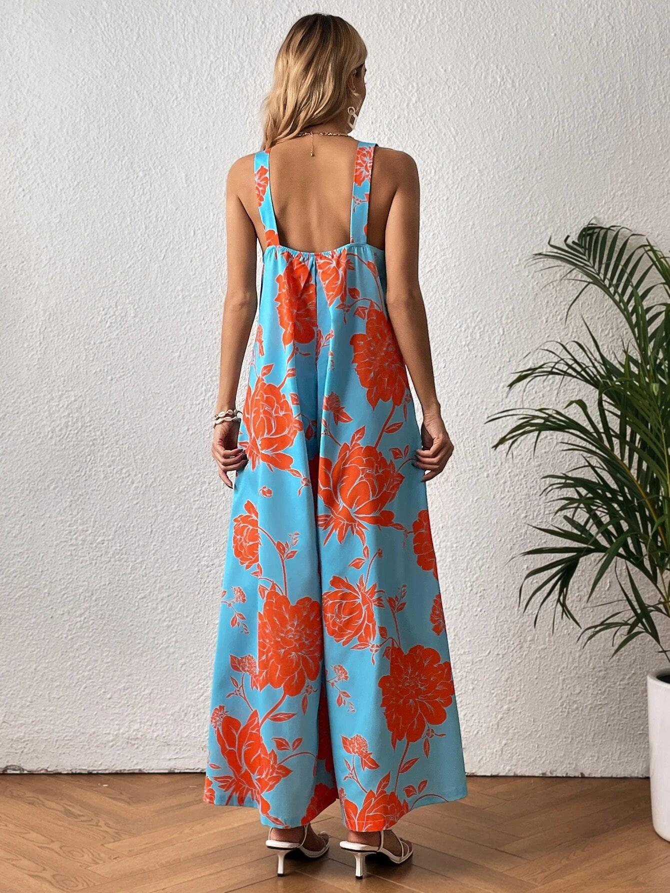 Floral Print Wide Leg Jumpsuit Without Belt-Comfy Jumpsuits