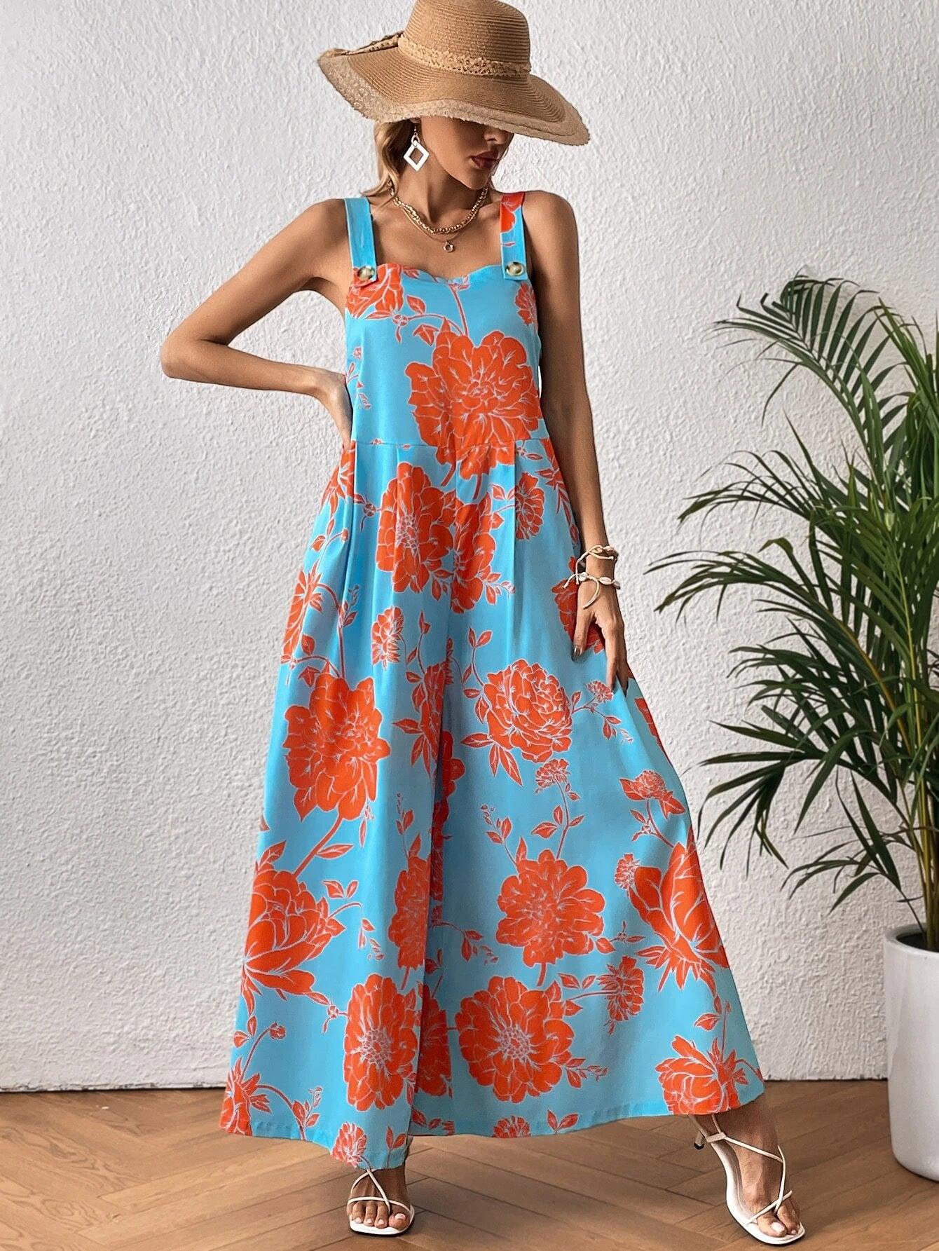 Floral Print Wide Leg Jumpsuit Without Belt-Comfy Jumpsuits