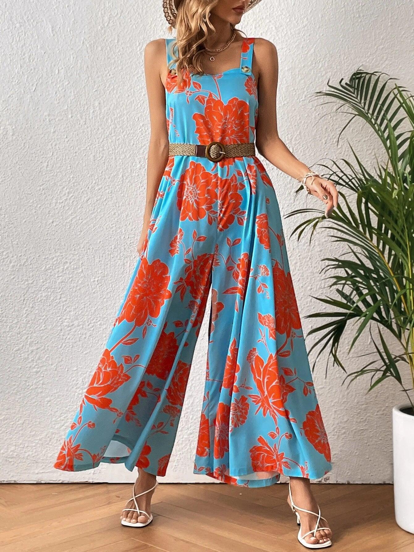 Floral Print Wide Leg Jumpsuit Without Belt-Comfy Jumpsuits