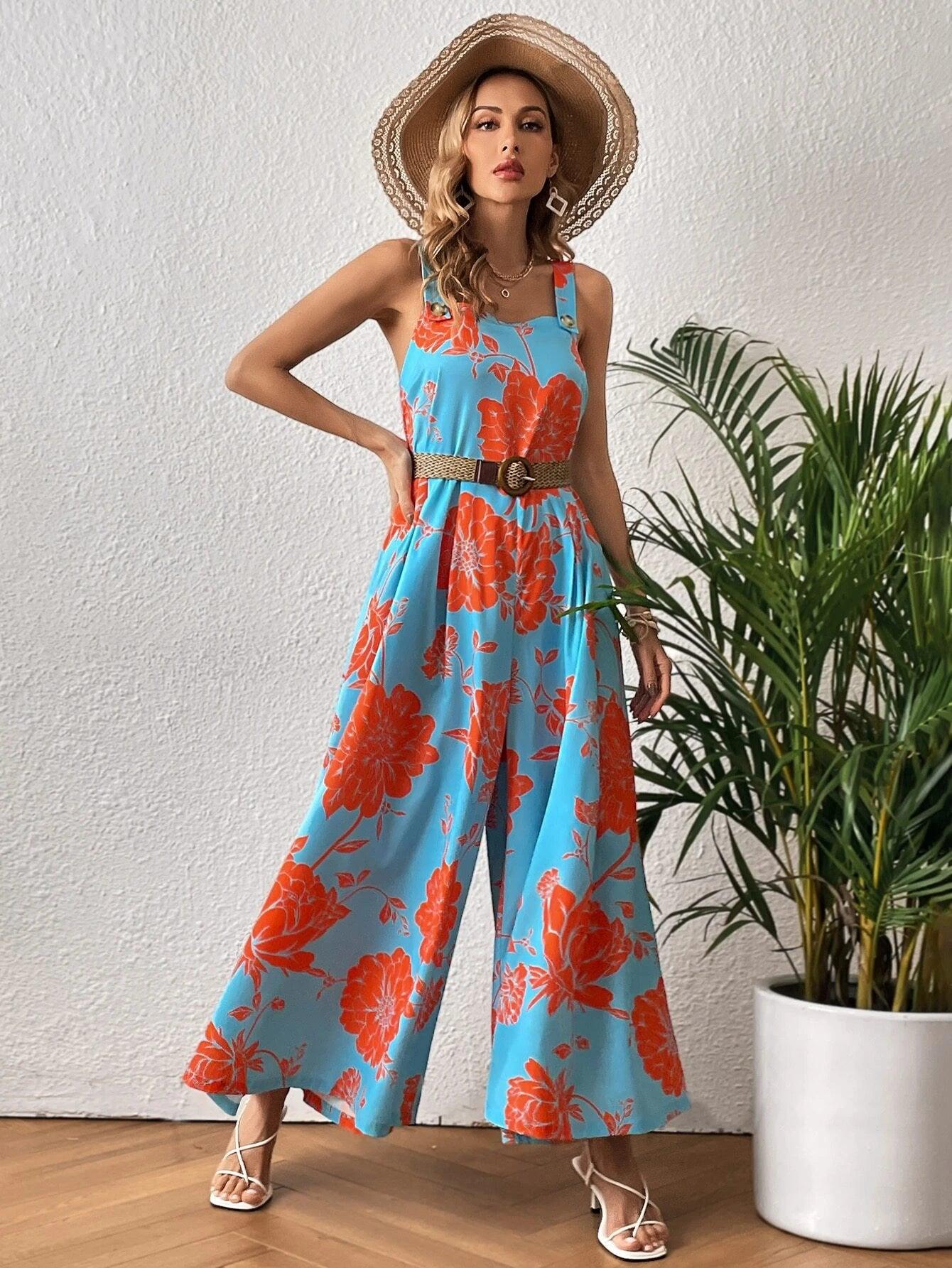 Floral Print Wide Leg Jumpsuit Without Belt-Comfy Jumpsuits