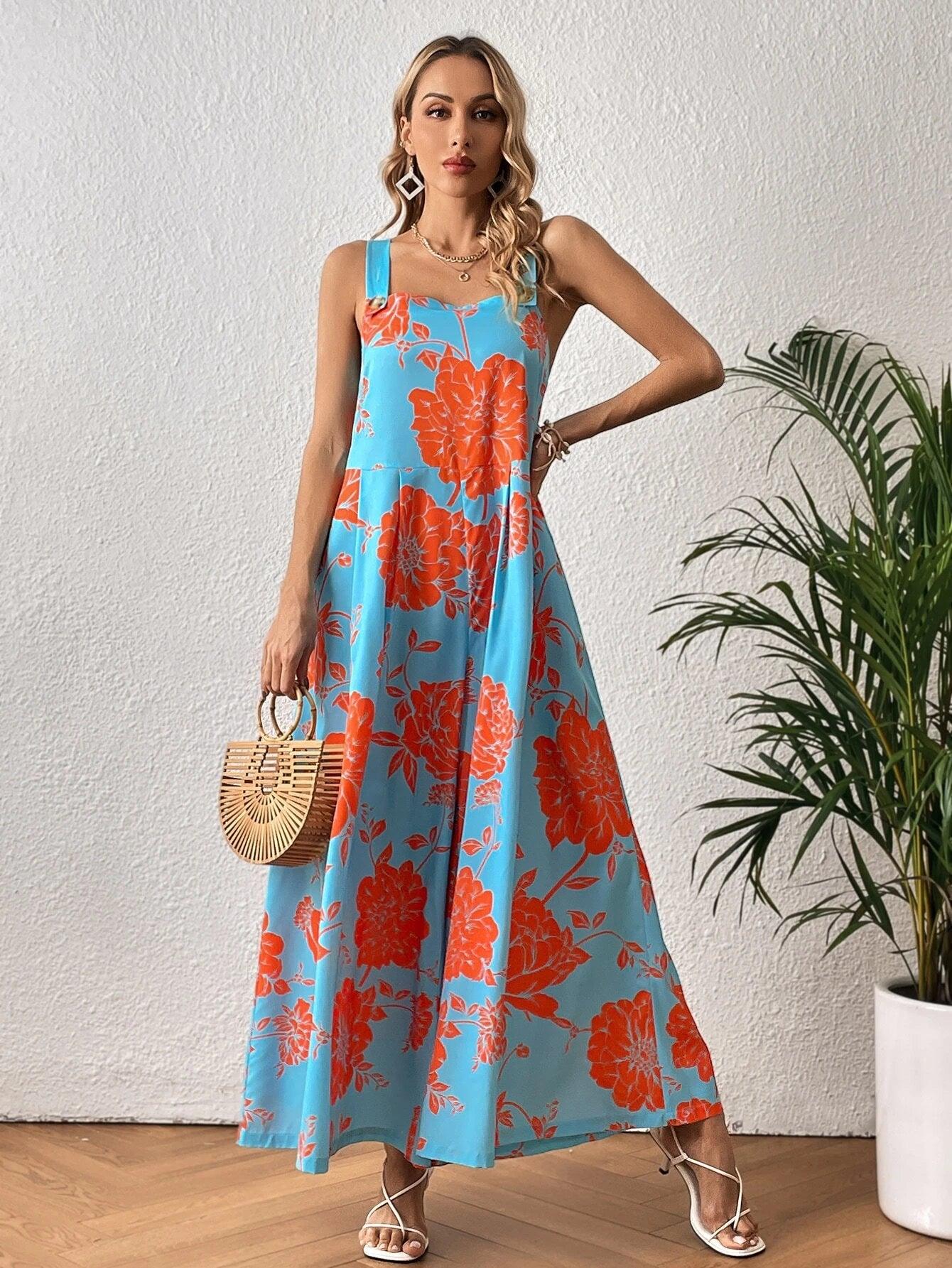 Floral Print Wide Leg Jumpsuit Without Belt-Comfy Jumpsuits