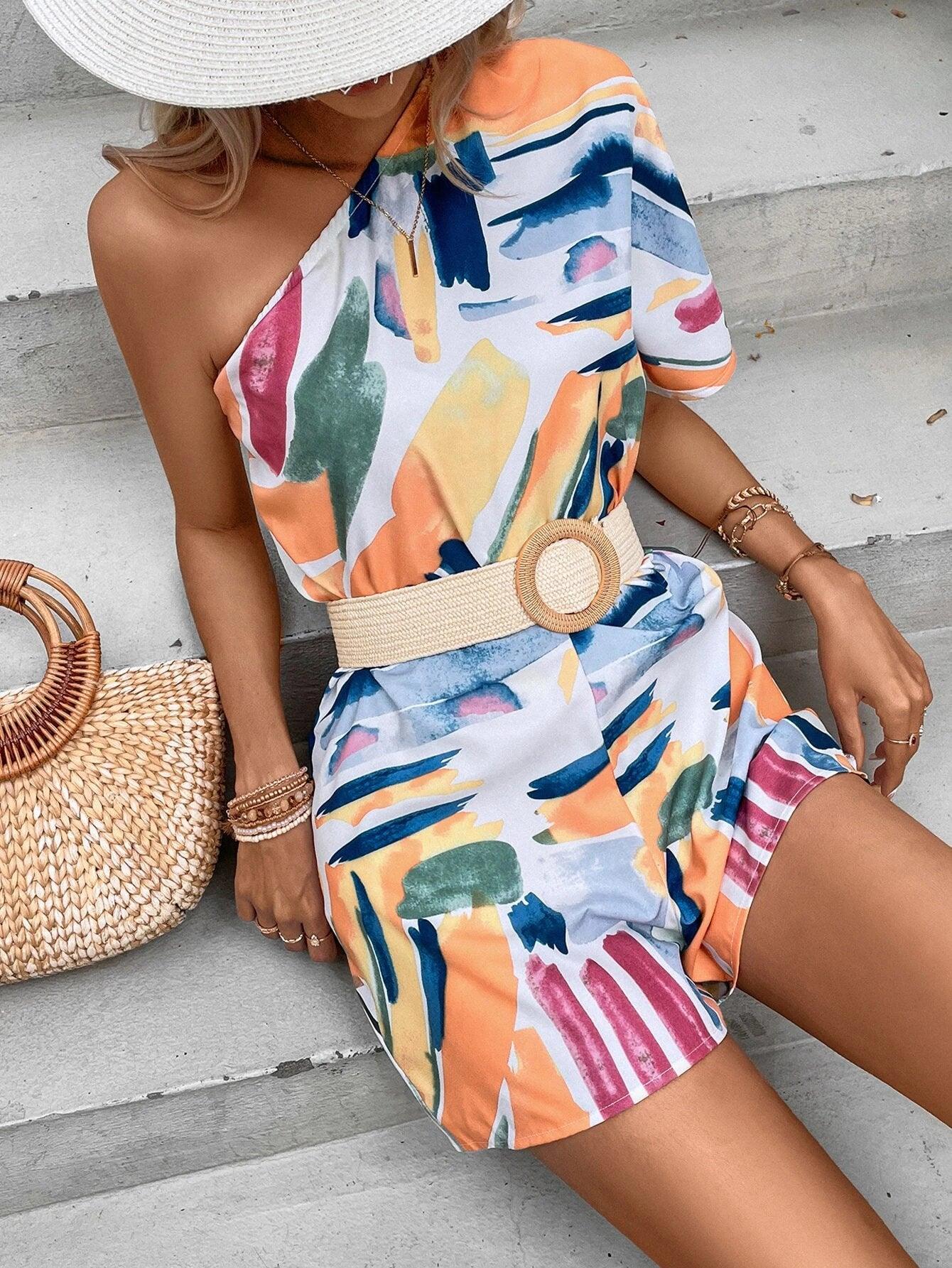 Brush Print One Shoulder Batwing Sleeve Romper-Comfy Jumpsuits