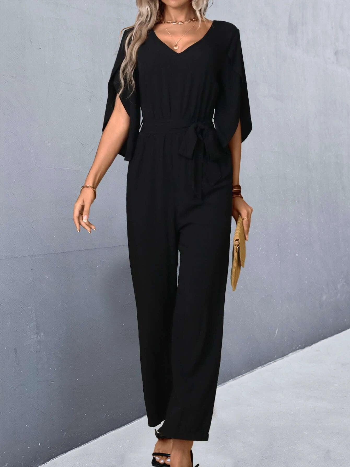 Split Sleeve Belted Jumpsuit-Comfy Jumpsuits