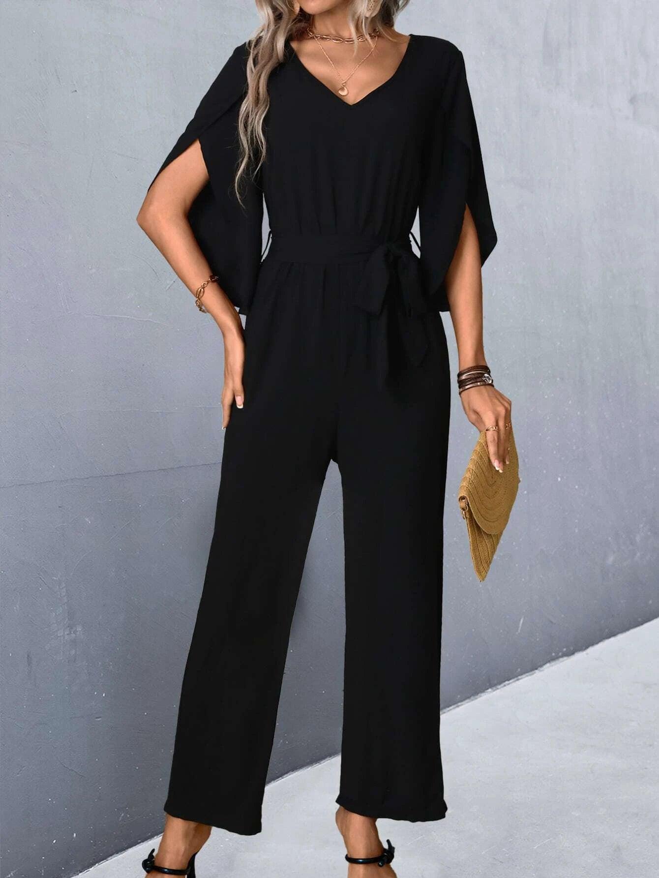 Split Sleeve Belted Jumpsuit-Comfy Jumpsuits