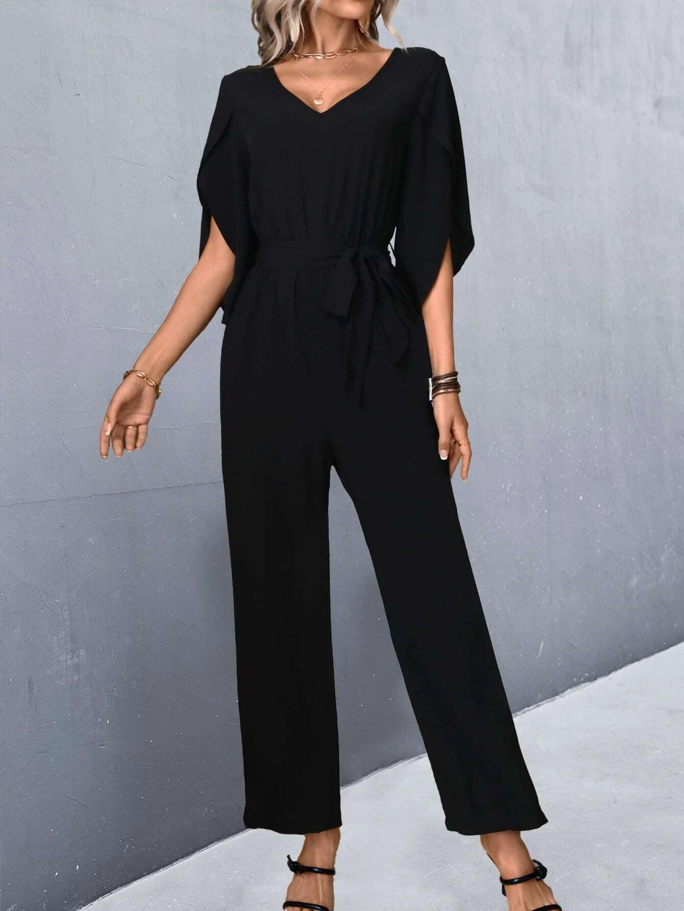 Split Sleeve Belted Jumpsuit-Comfy Jumpsuits