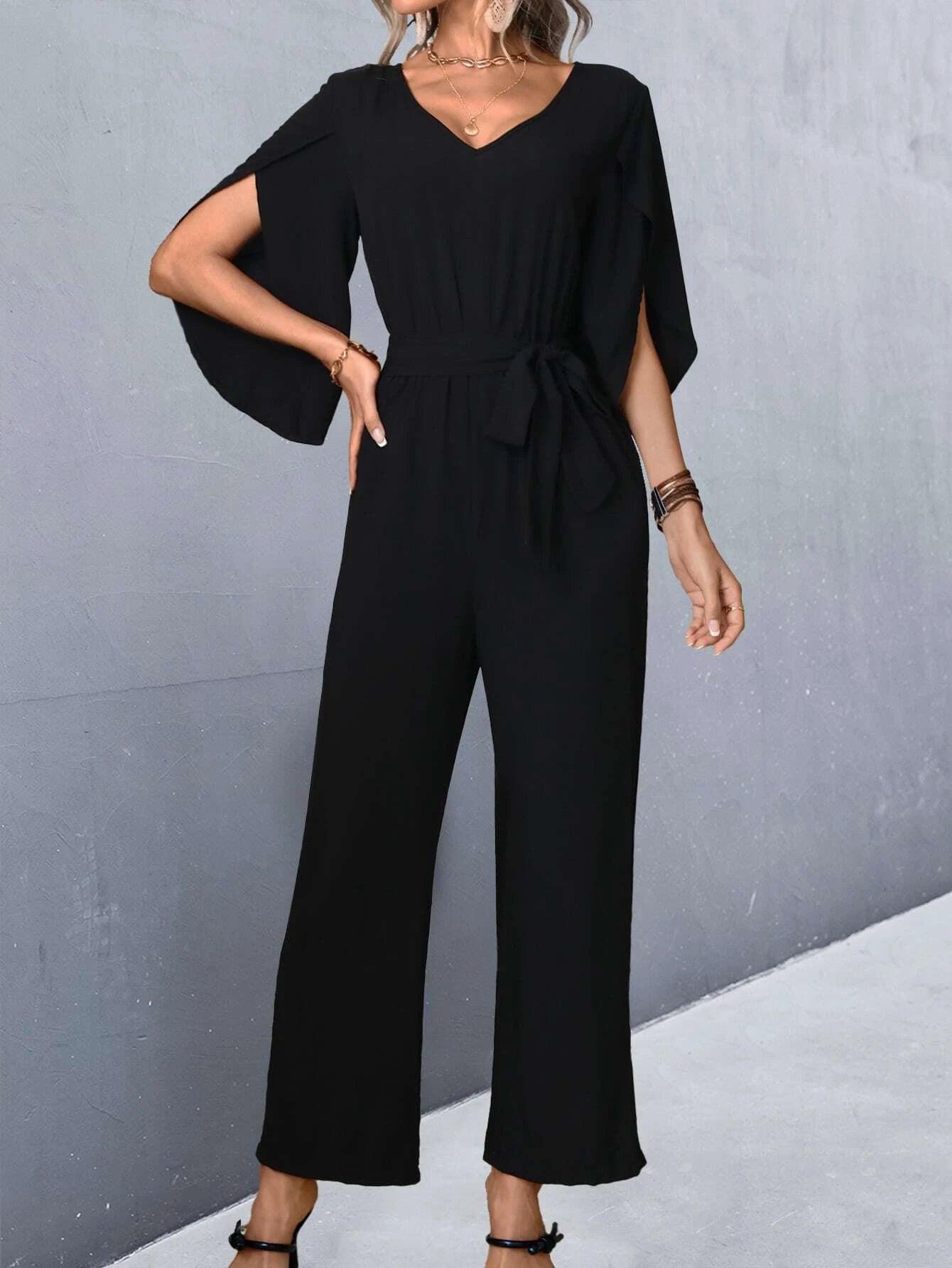 Split Sleeve Belted Jumpsuit-Comfy Jumpsuits