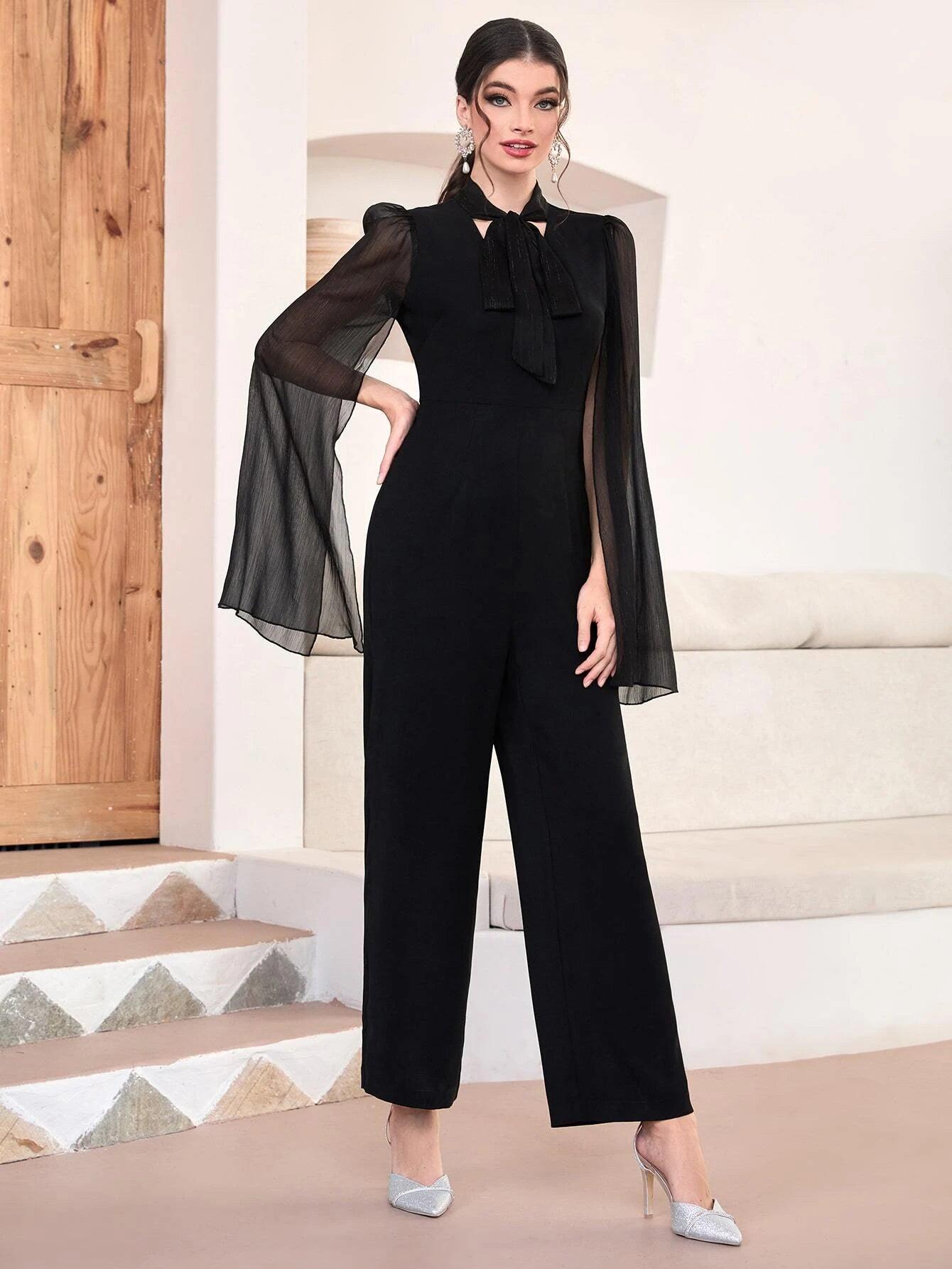 Tie Neck Cloak Sleeve Jumpsuit Without Belt-Comfy Jumpsuits