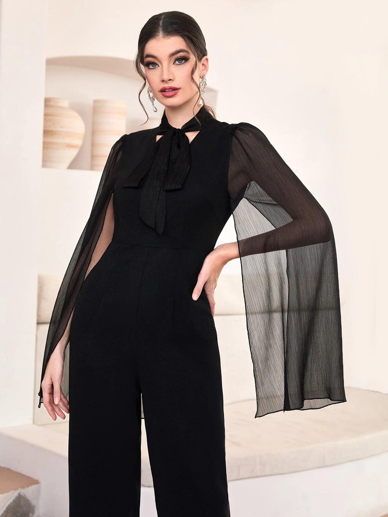 Tie Neck Cloak Sleeve Jumpsuit Without Belt-Comfy Jumpsuits