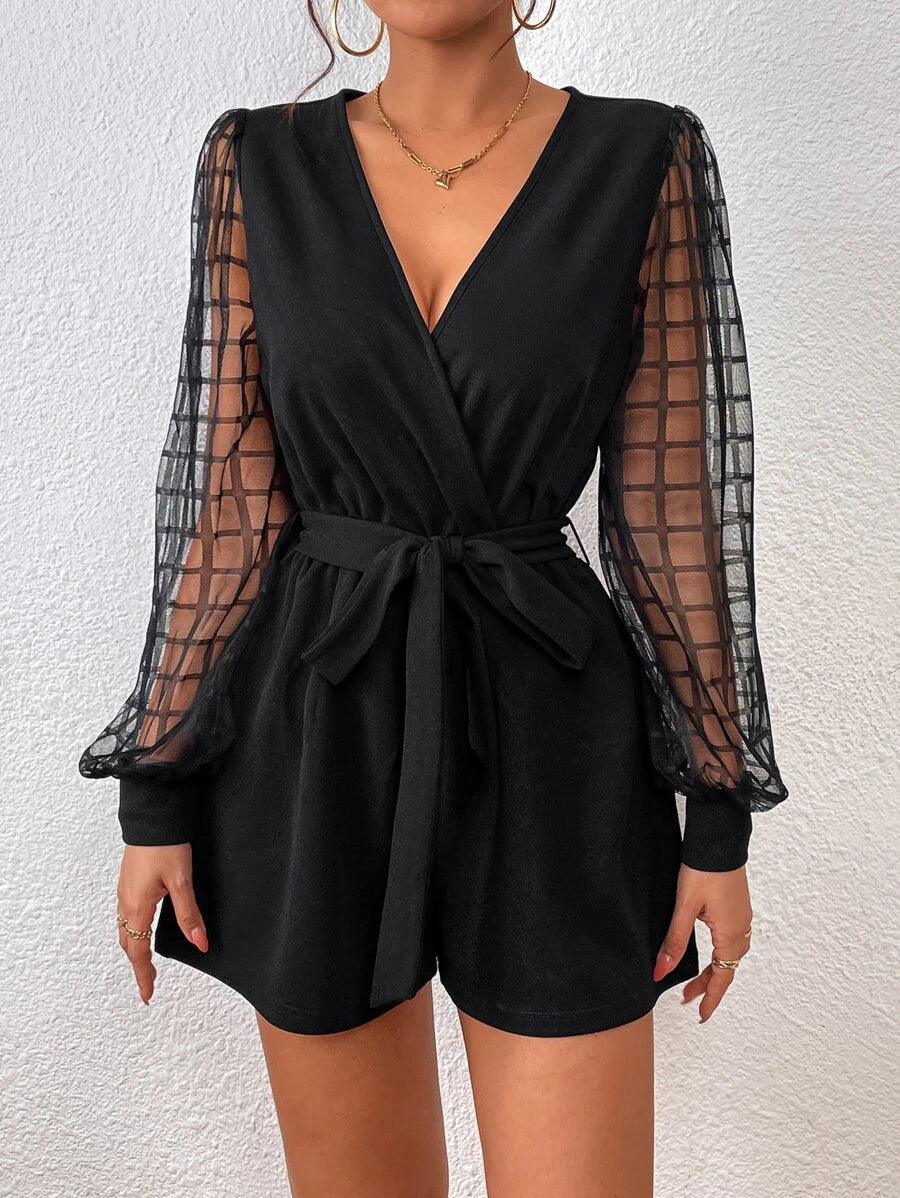 Plaid Mesh Lantern Sleeve Overlap Collar Belted Romper-Comfy Jumpsuits
