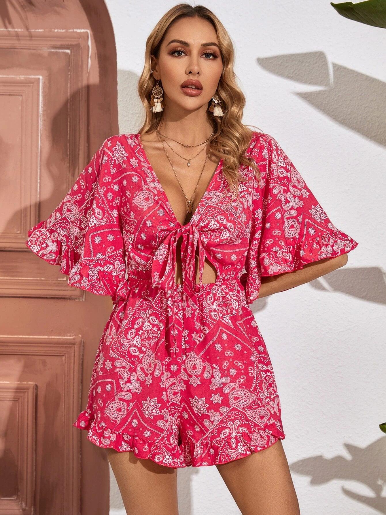 Paisley Print Flounce Sleeve Romper-Comfy Jumpsuits