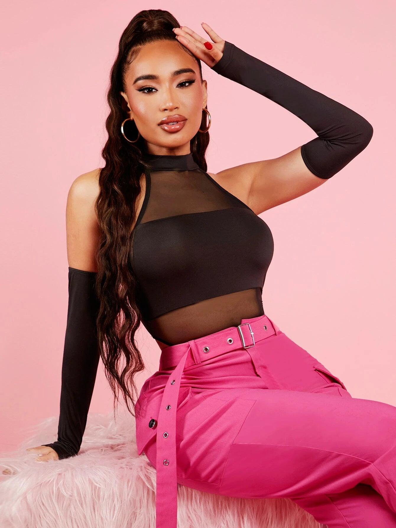Mesh Insert Mock Neck Bodysuit With Sleeves-Comfy Jumpsuits