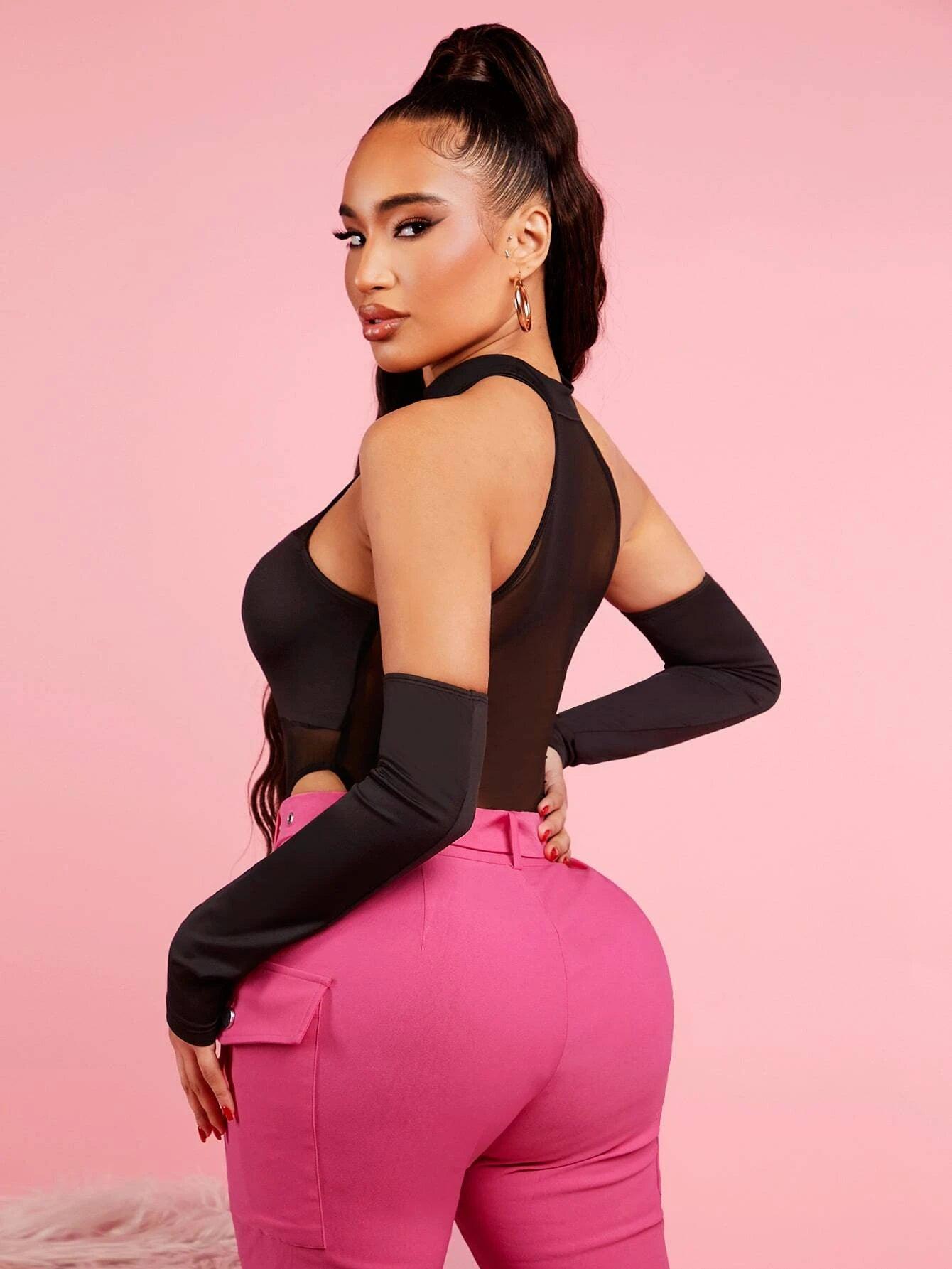 Mesh Insert Mock Neck Bodysuit With Sleeves-Comfy Jumpsuits