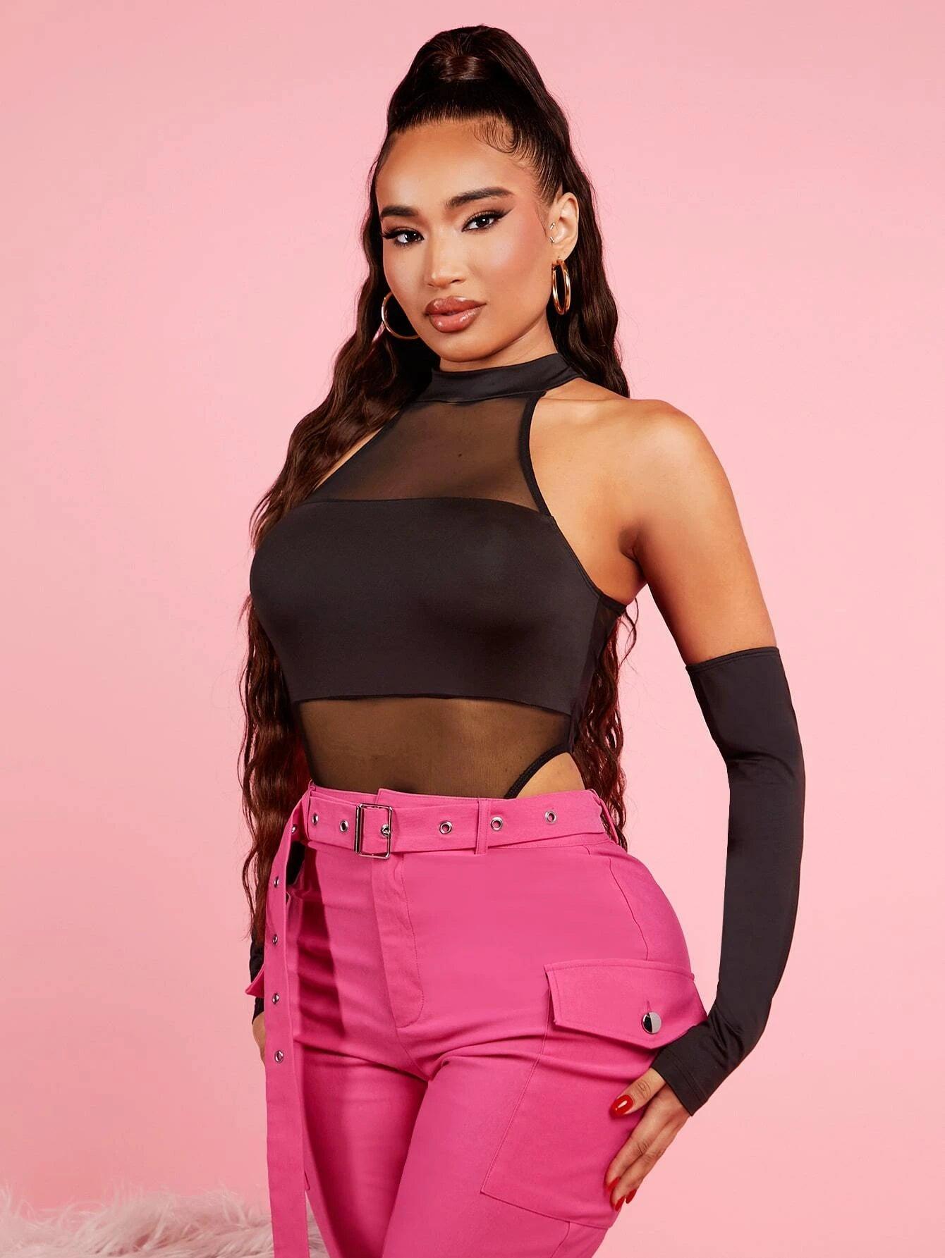 Mesh Insert Mock Neck Bodysuit With Sleeves-Comfy Jumpsuits