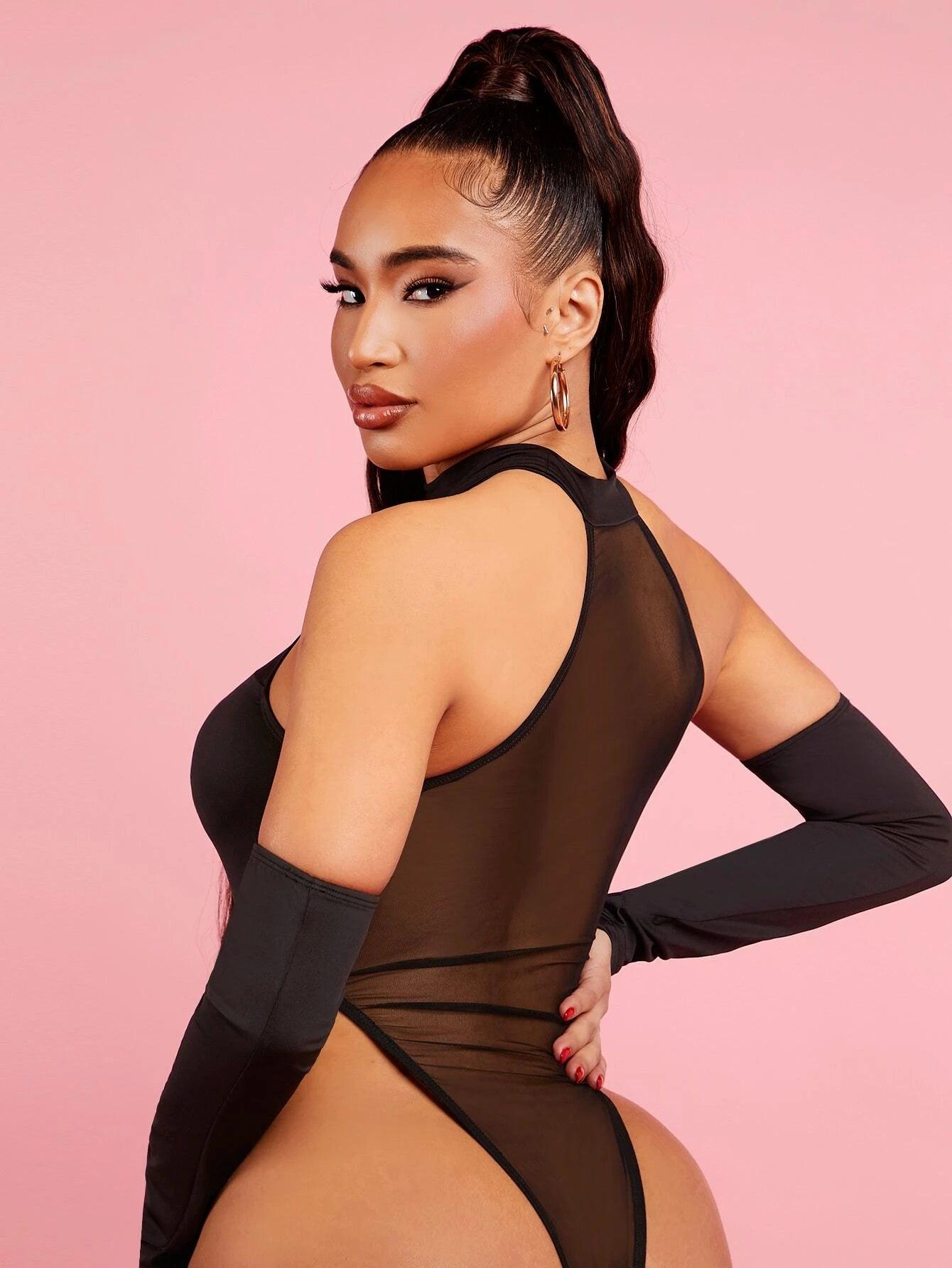 Mesh Insert Mock Neck Bodysuit With Sleeves-Comfy Jumpsuits