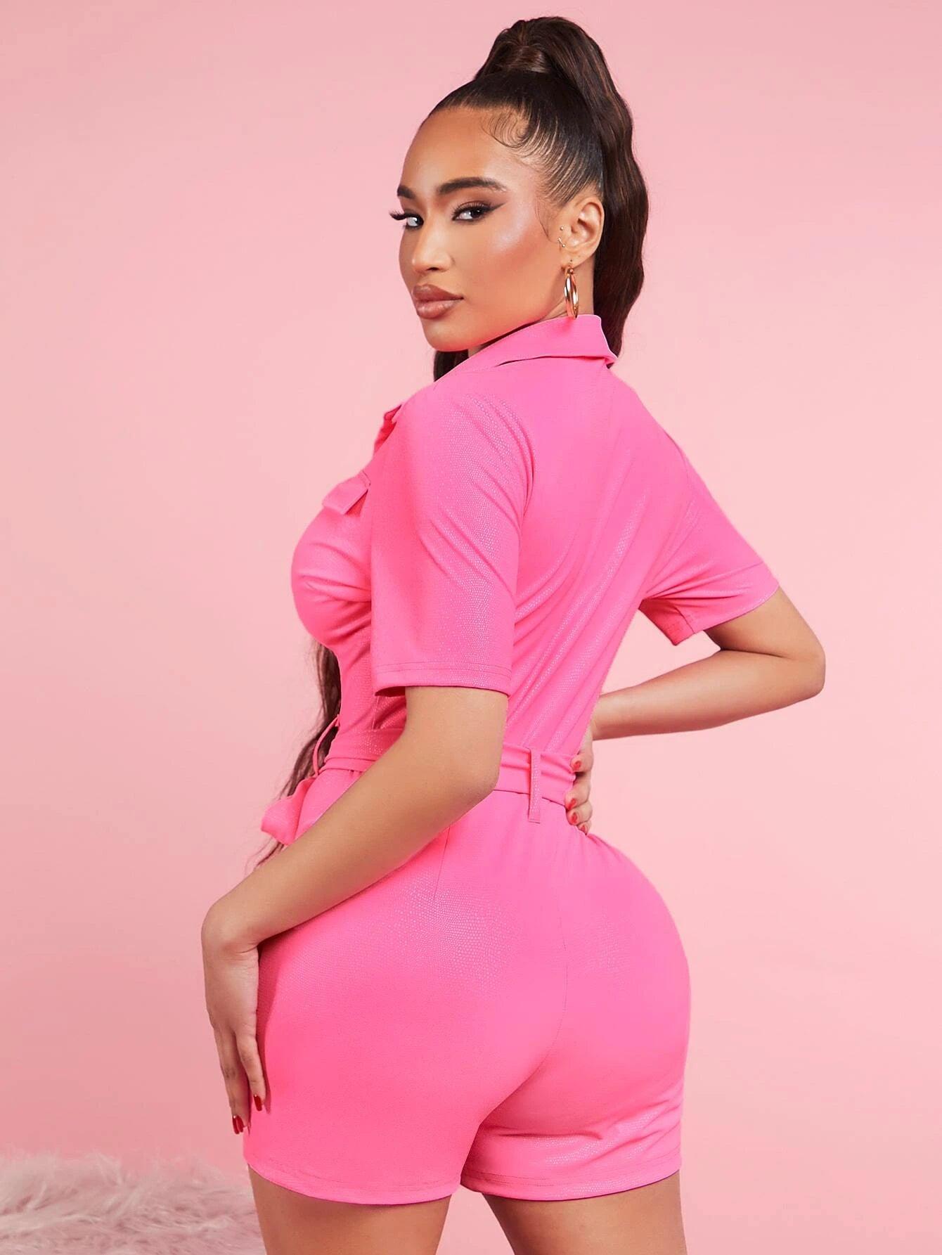 Button Front Short Sleeve Belted Romper-Comfy Jumpsuits