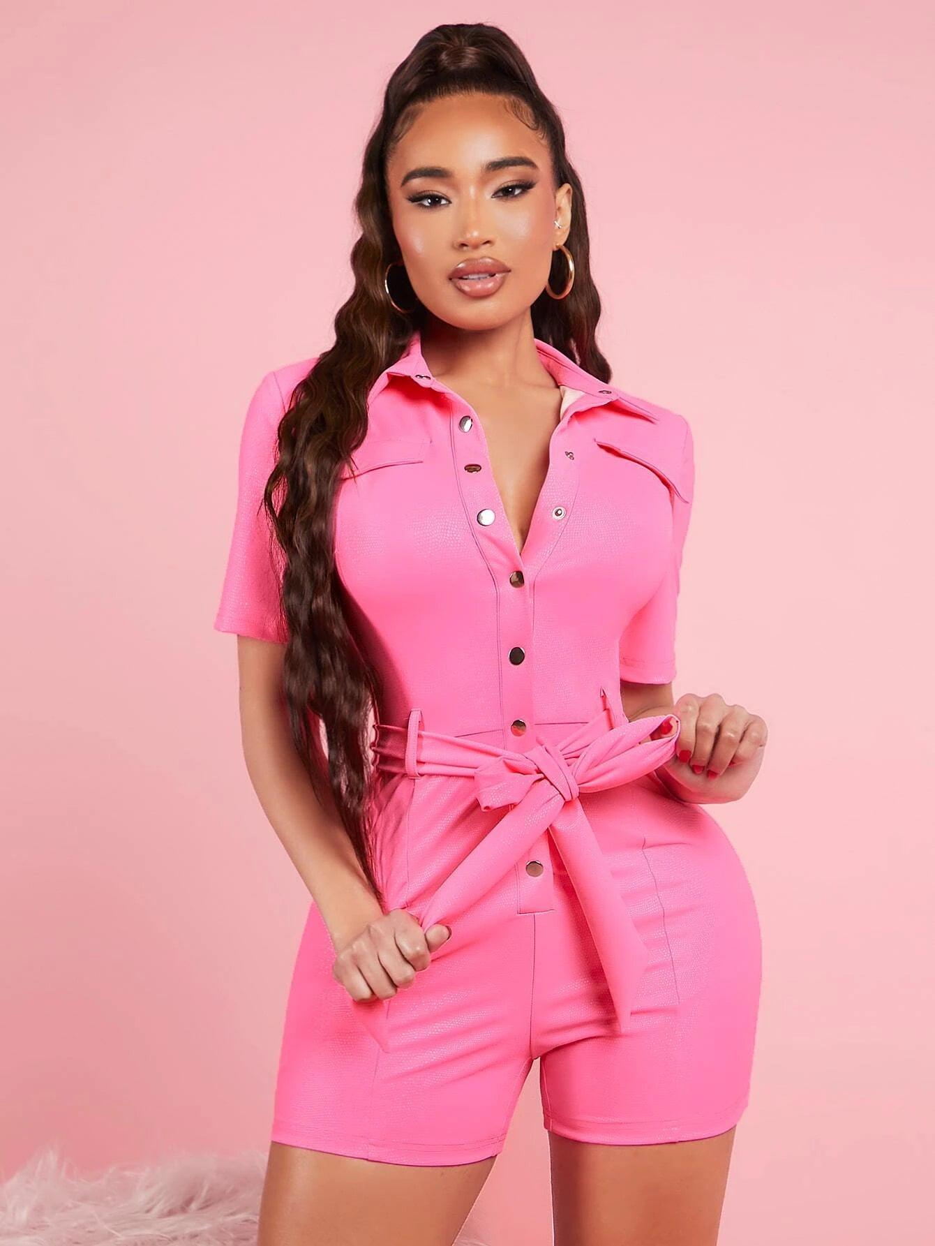 Button Front Short Sleeve Belted Romper-Comfy Jumpsuits