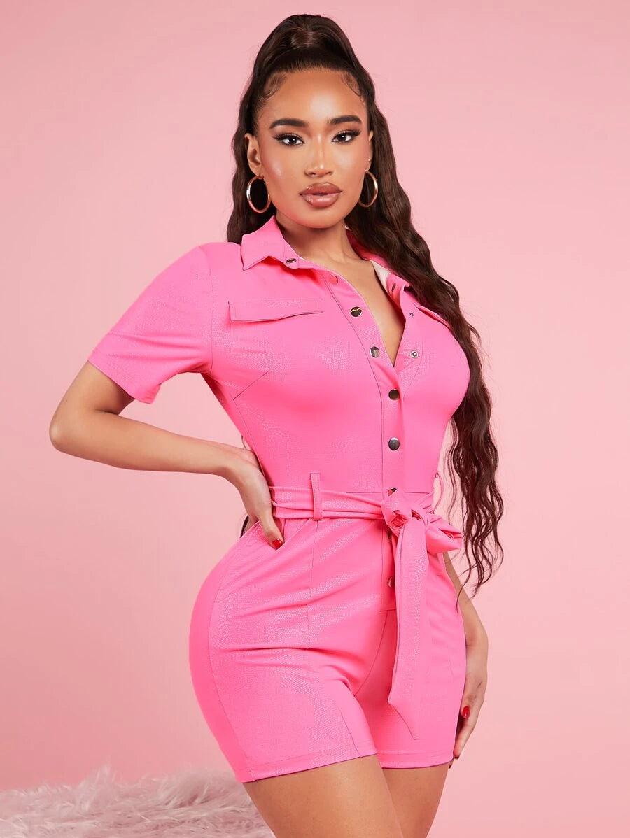Casual Button Front Belted Romper-Comfy Jumpsuits