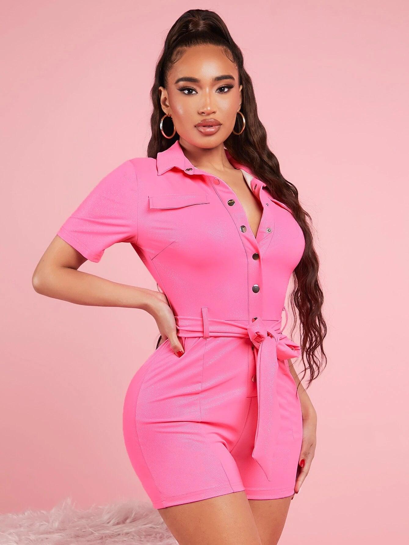Button Front Short Sleeve Belted Romper-Comfy Jumpsuits