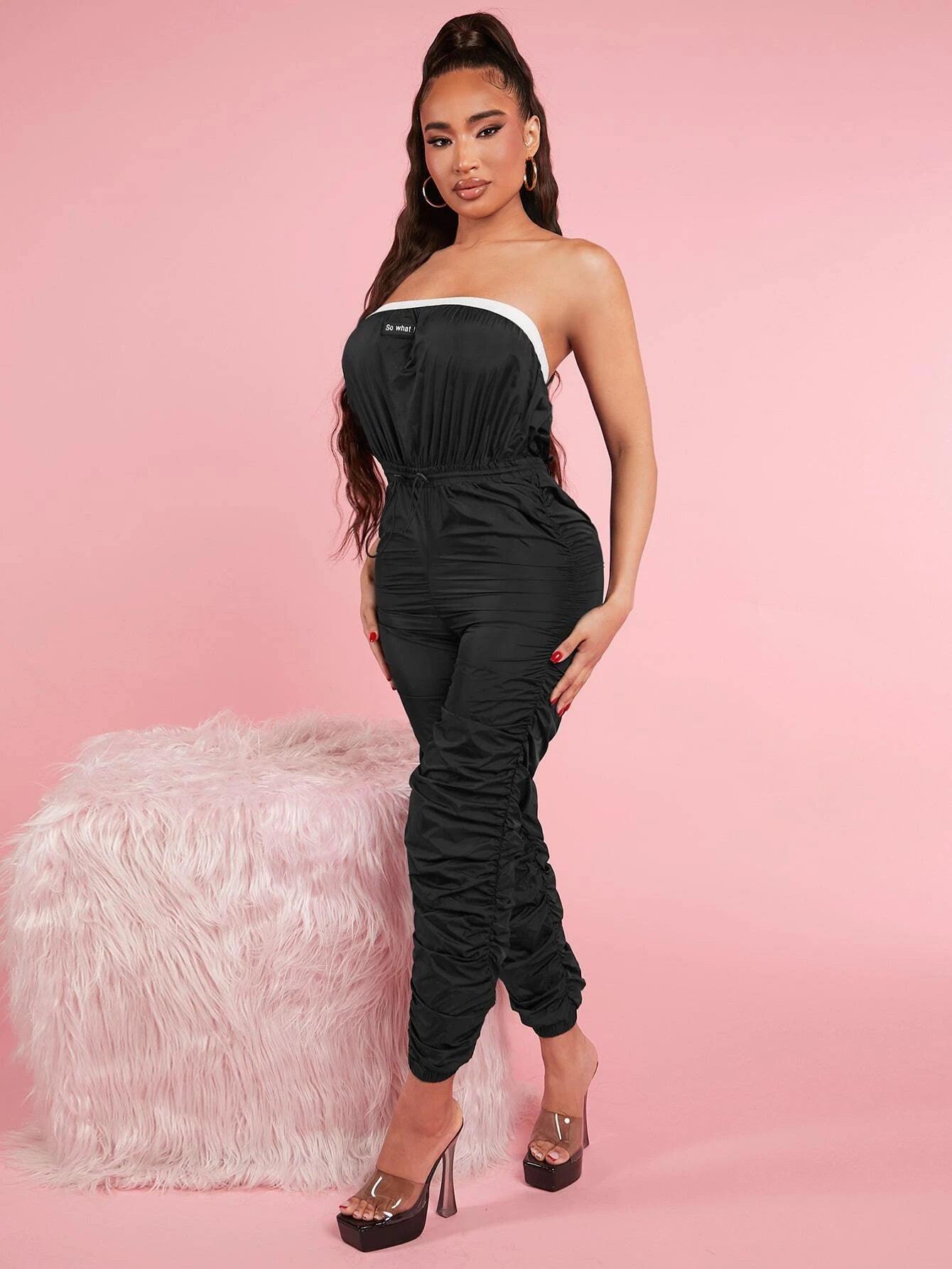Drawstring Waist Ruched Tube Jumpsuit-Comfy Jumpsuits
