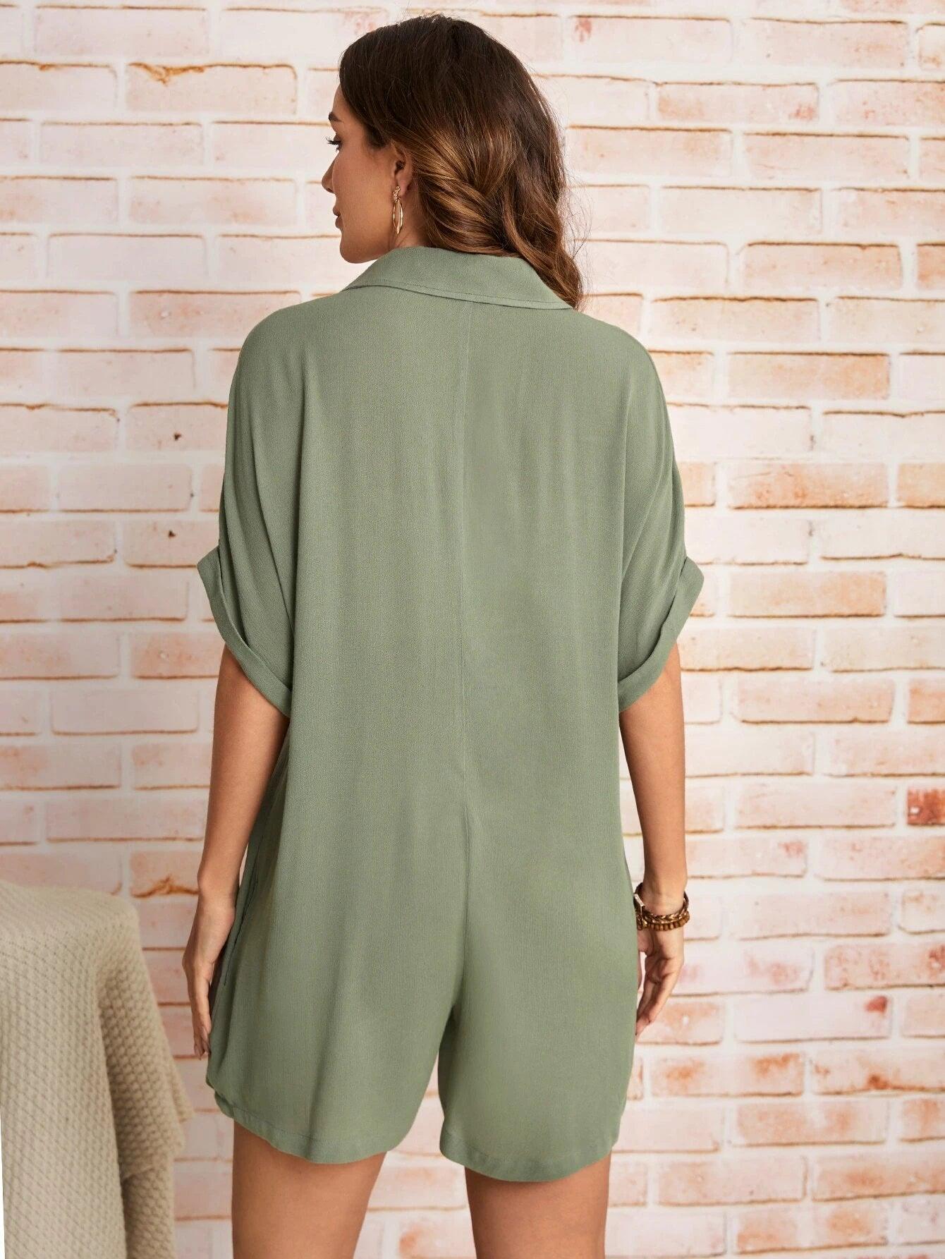 Button Front Short Sleeve Romper-Comfy Jumpsuits