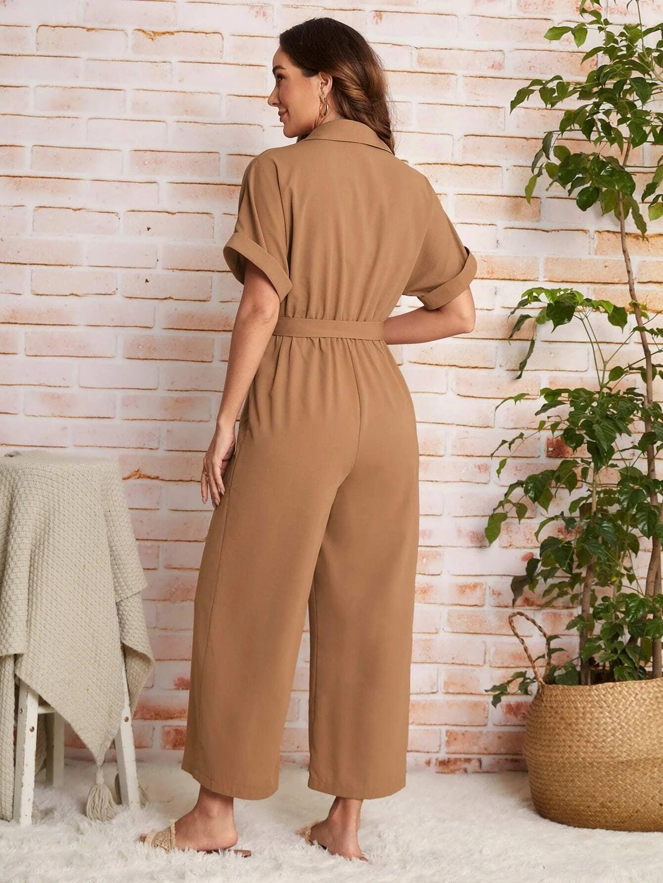 Short Sleeve Belted Shirt Jumpsuit-Comfy Jumpsuits