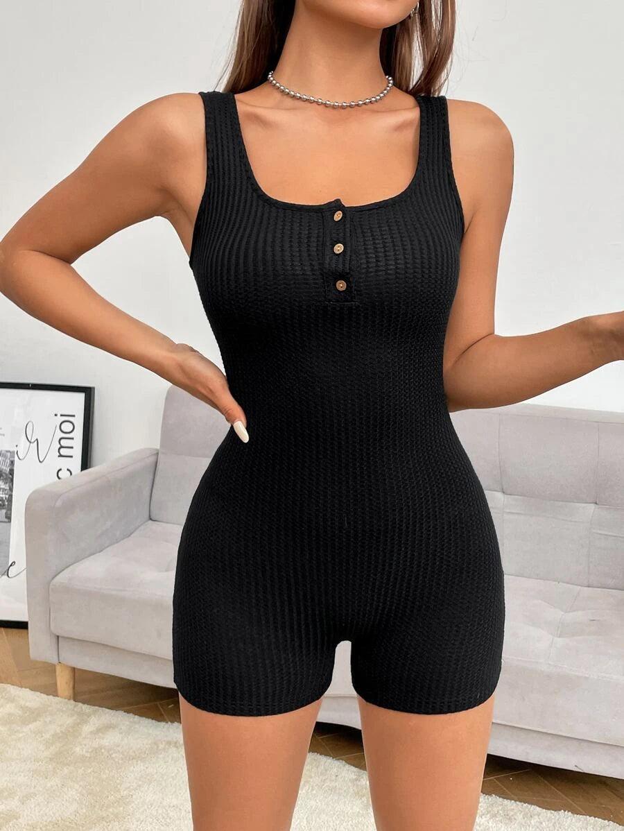Knitted Half Button Unitard Tank Romper-Comfy Jumpsuits