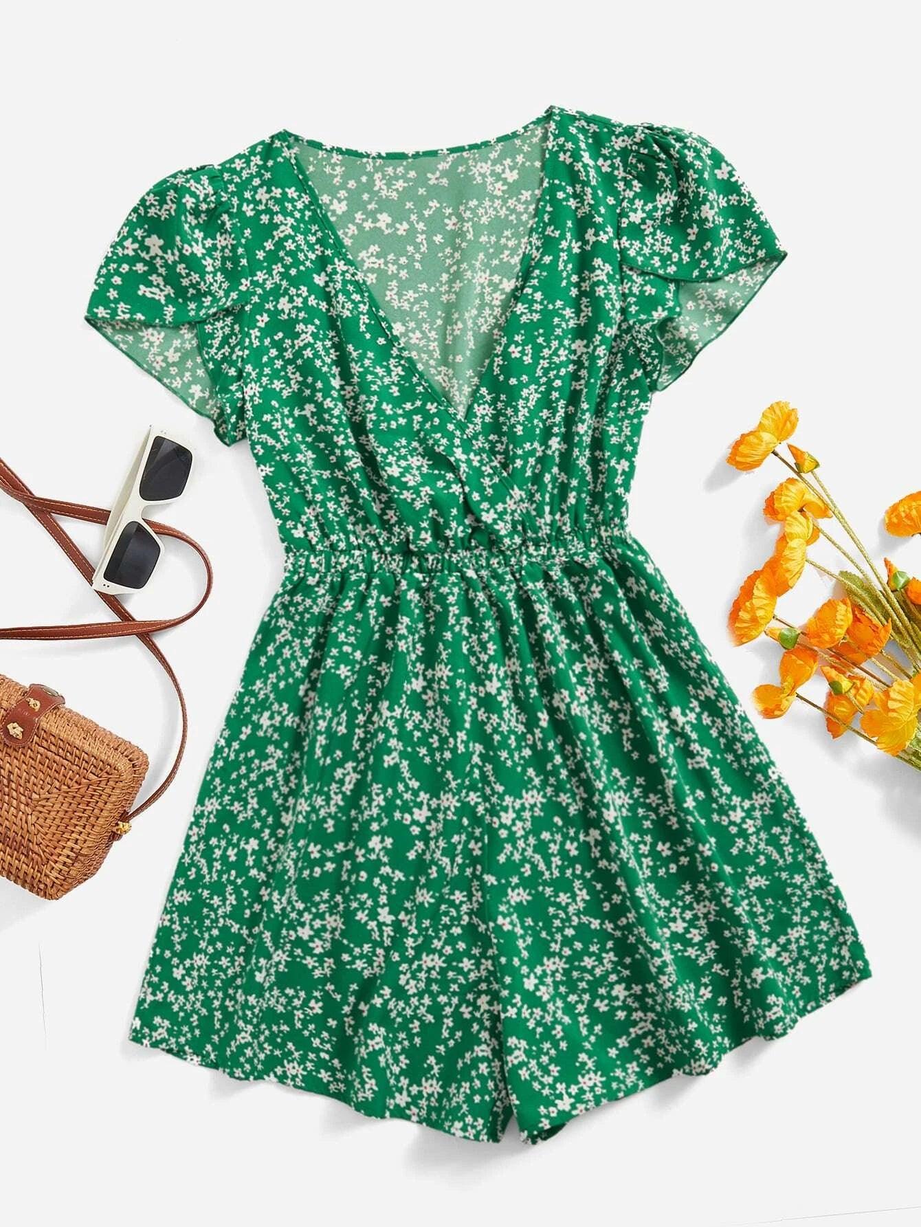 Floral Print Petal Sleeve Romper-Comfy Jumpsuits