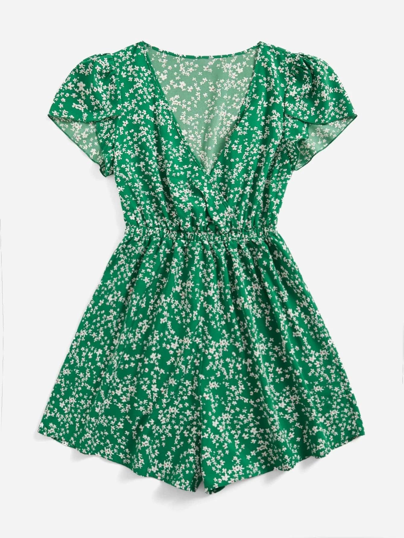 Floral Print Petal Sleeve Romper-Comfy Jumpsuits