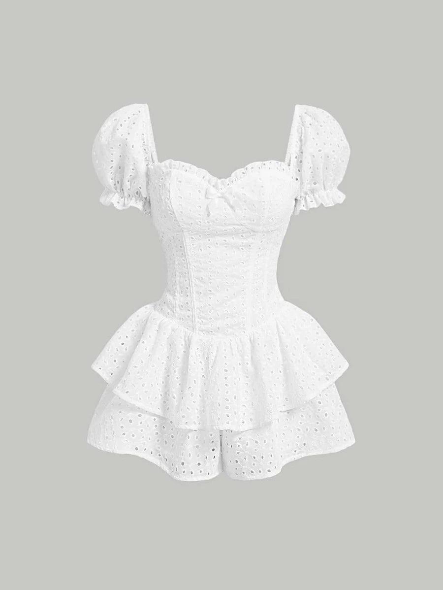 Eyelet Embroidery Neck Puff Sleeve Romper-Comfy Jumpsuits