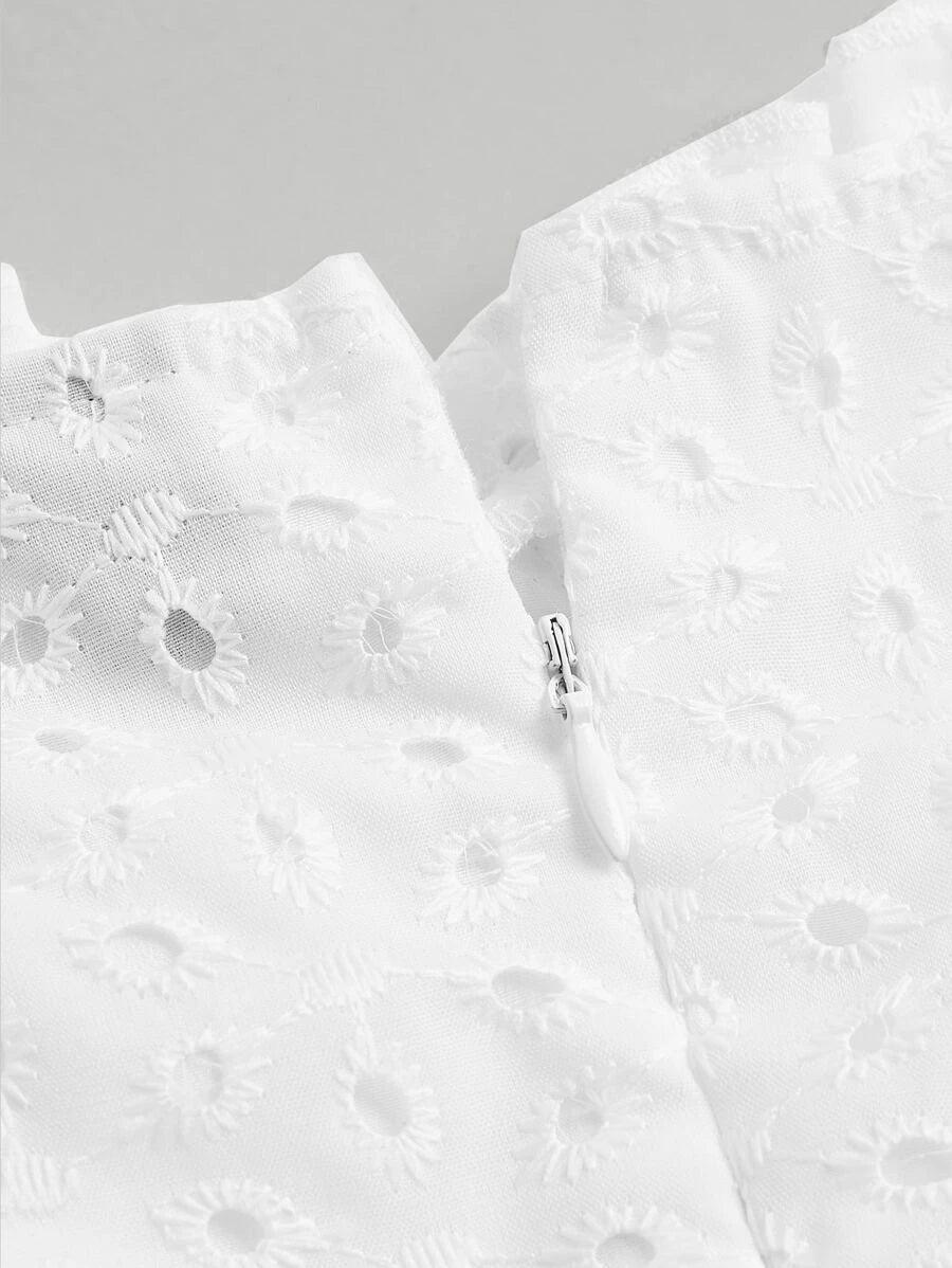 Eyelet Embroidery Neck Puff Sleeve Romper-Comfy Jumpsuits