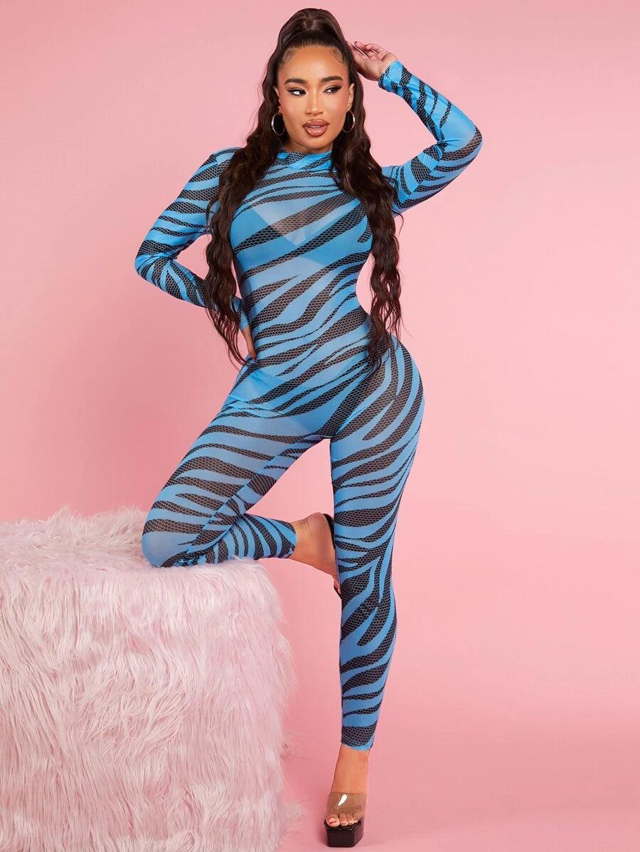 Striped Mock Neck Sheer Unitard Jumpsuit-Comfy Jumpsuits