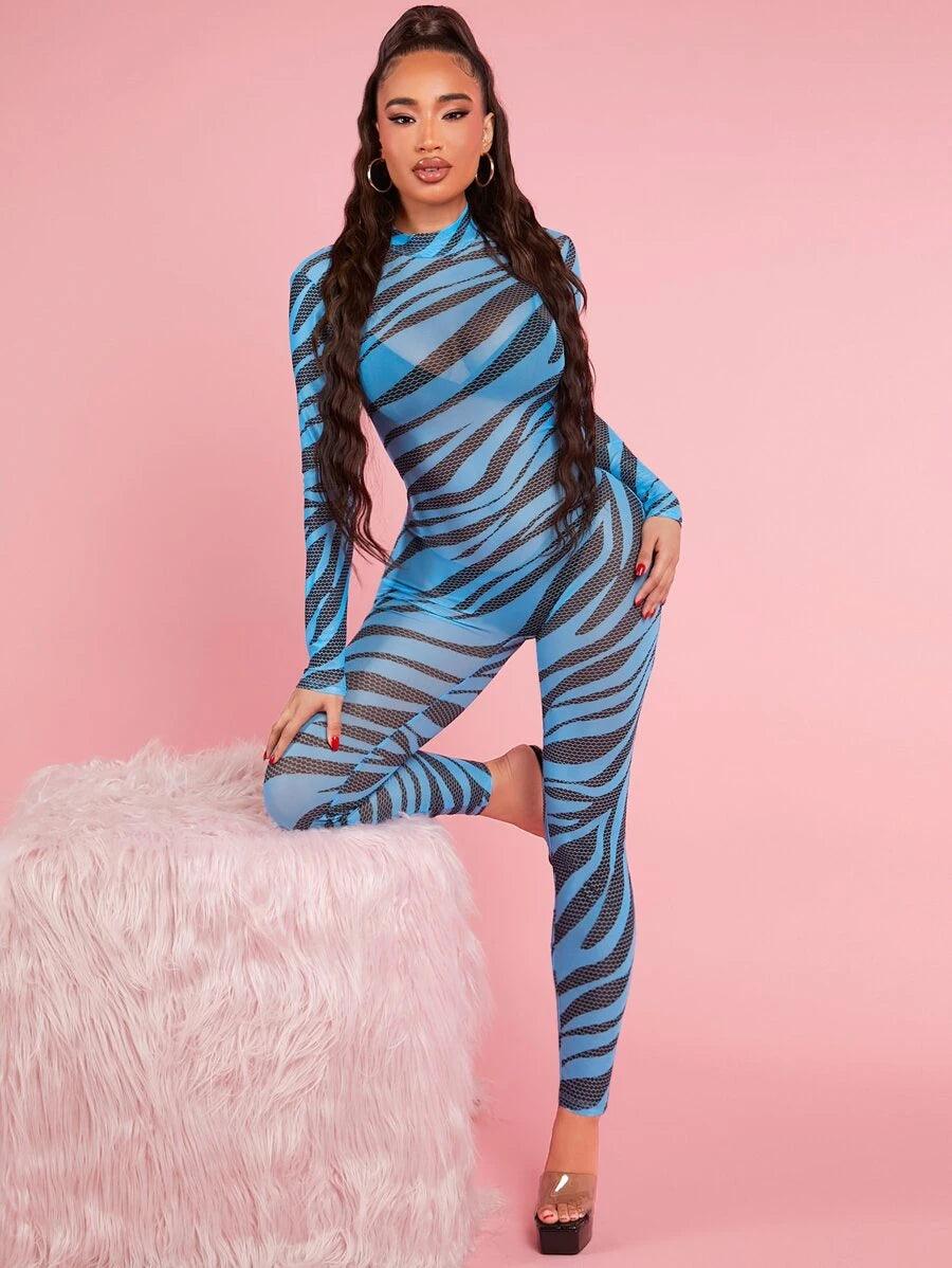 Striped Mock Neck Sheer Unitard Jumpsuit-Comfy Jumpsuits