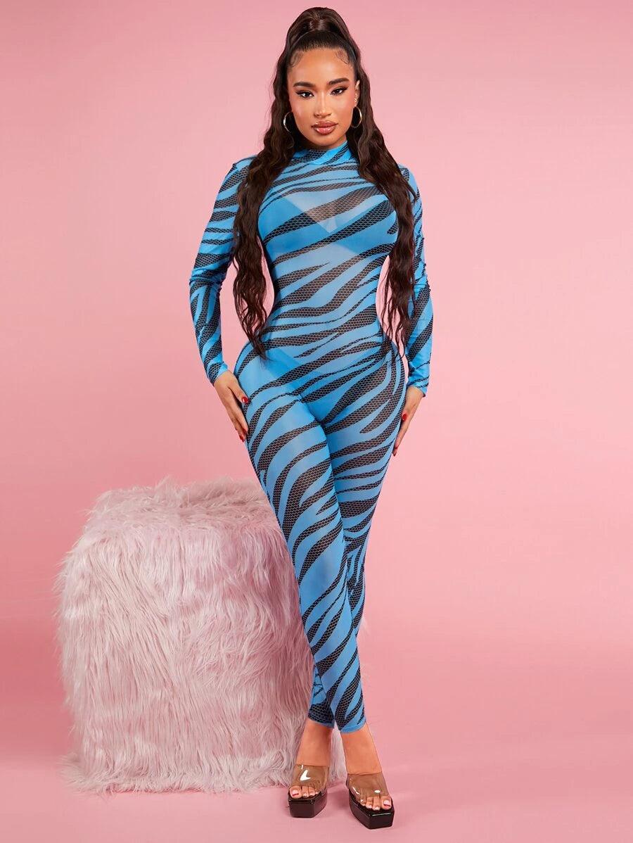 Striped Mock Neck Sheer Unitard Jumpsuit-Comfy Jumpsuits