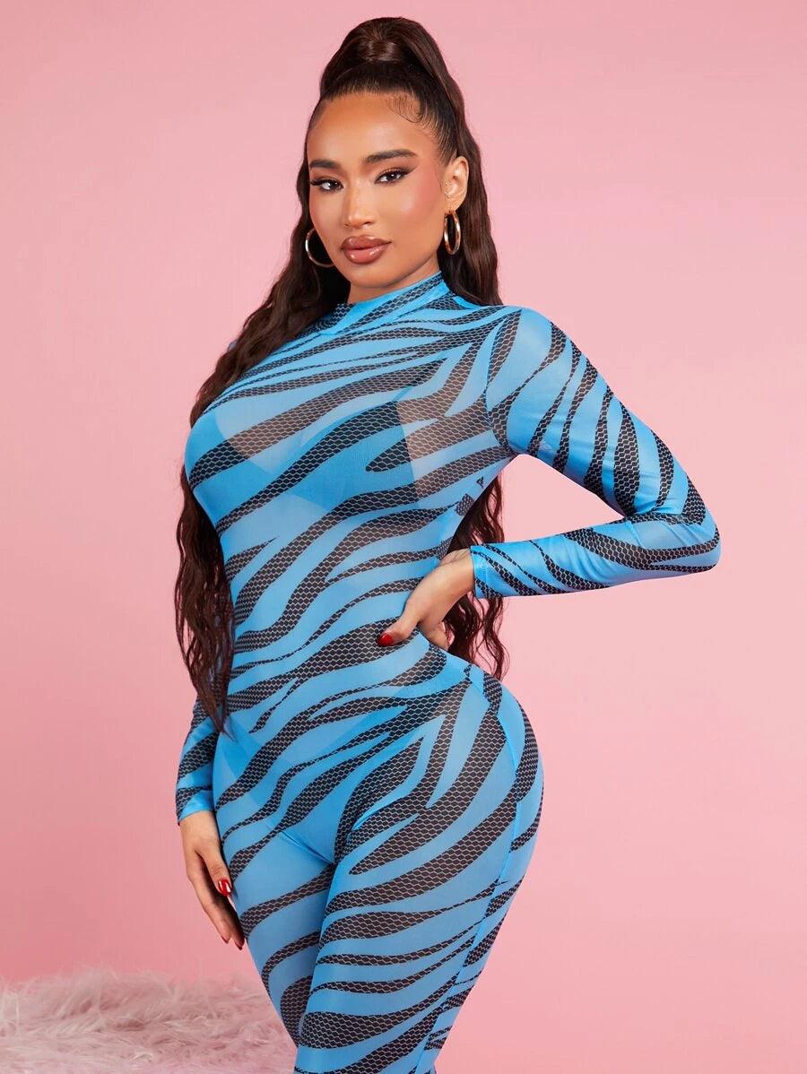 Striped Mock Neck Sheer Unitard Jumpsuit-Comfy Jumpsuits