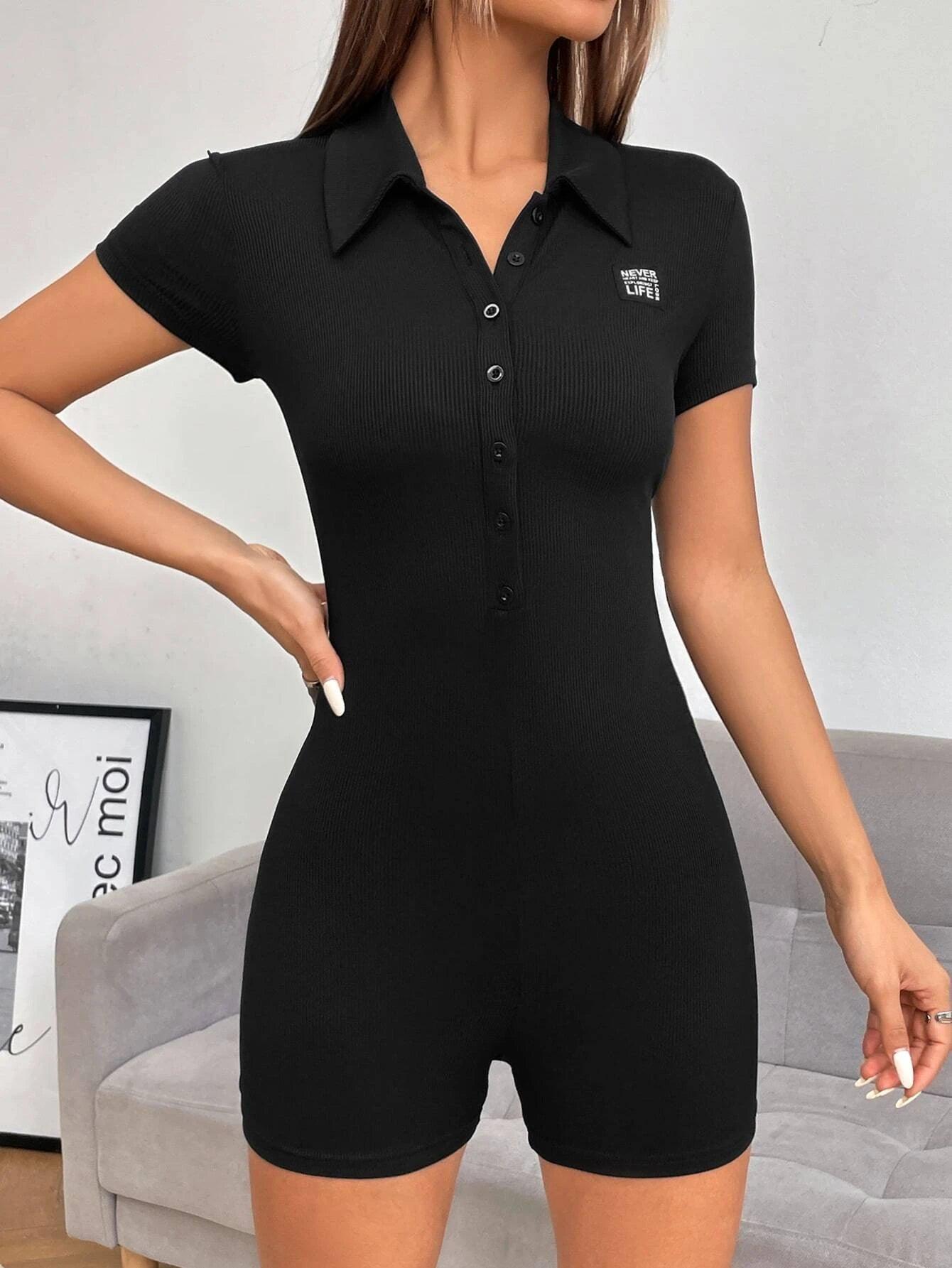 Letter Patched Half Button Romper-Comfy Jumpsuits