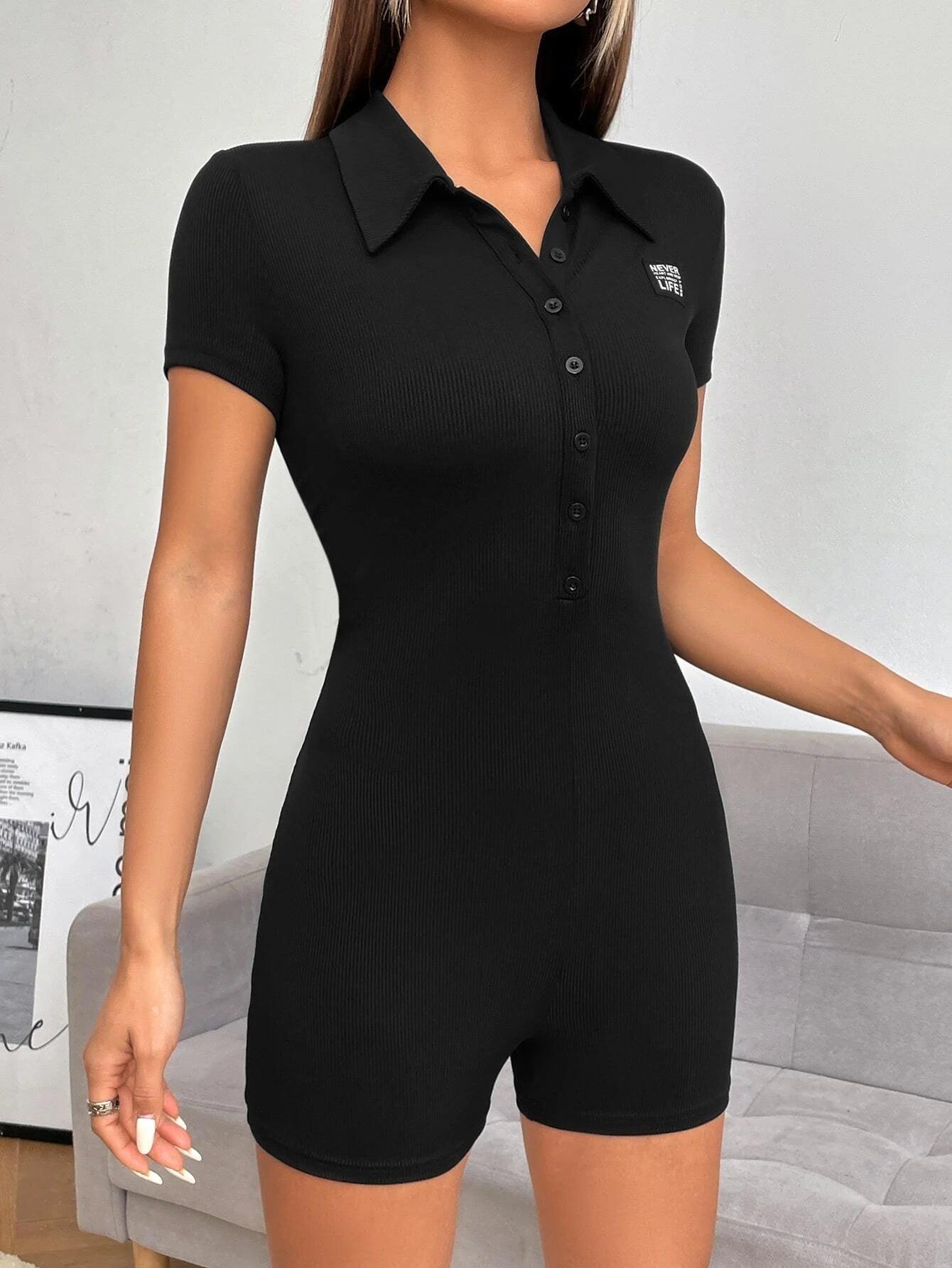 Letter Patched Half Button Romper-Comfy Jumpsuits