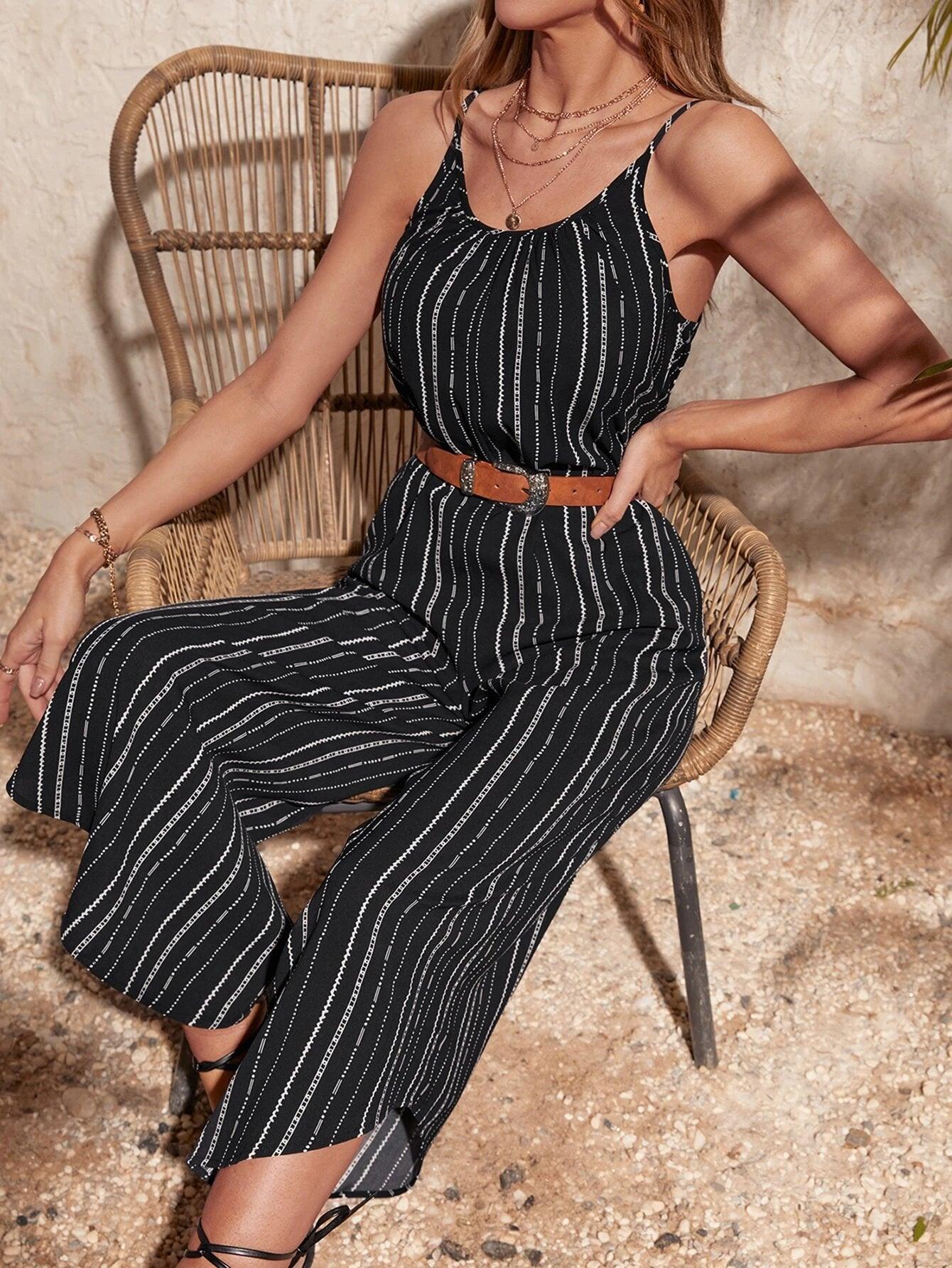 Striped Print Cami Jumpsuit-Comfy Jumpsuits
