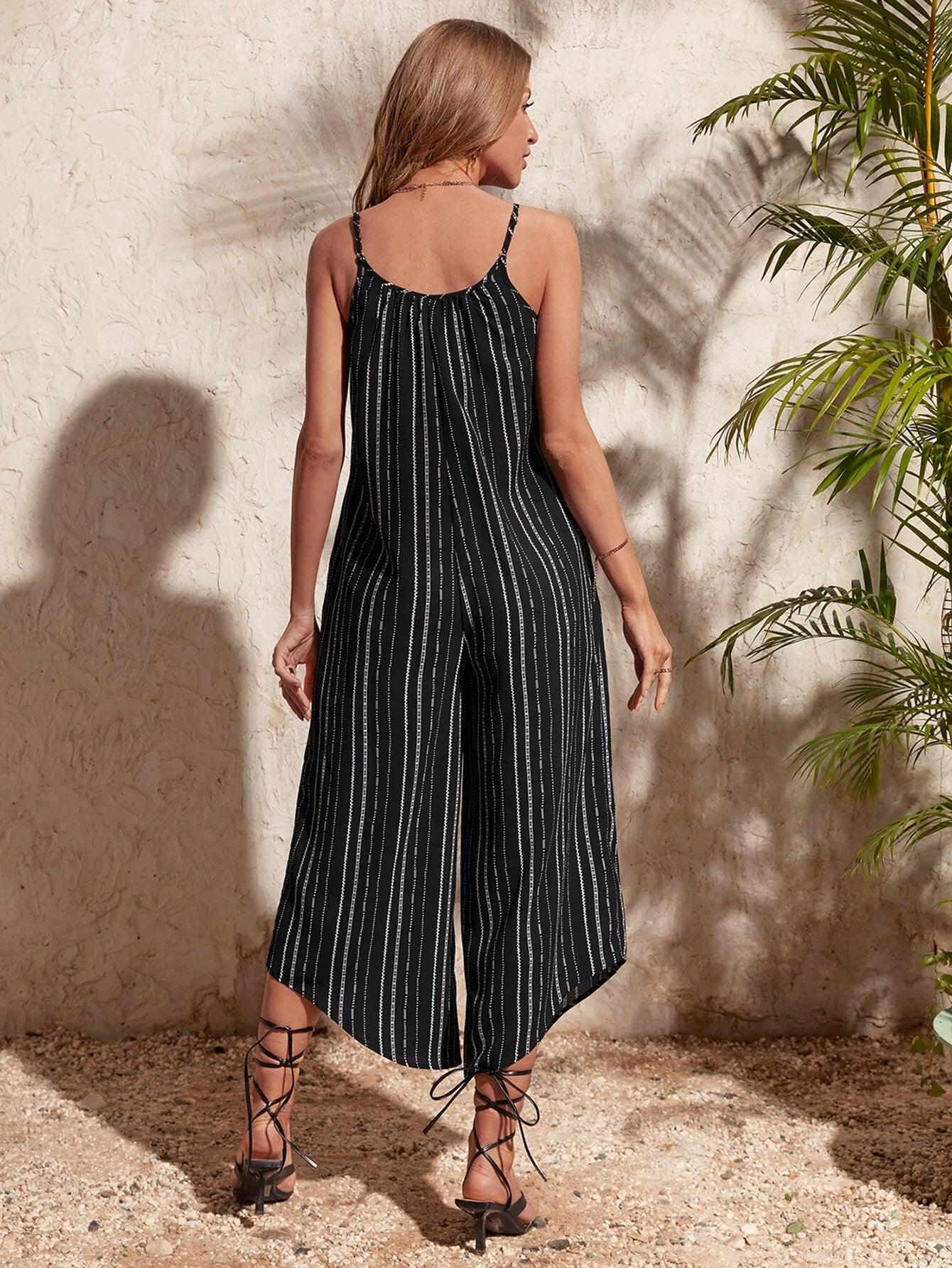 Striped Print Cami Jumpsuit-Comfy Jumpsuits