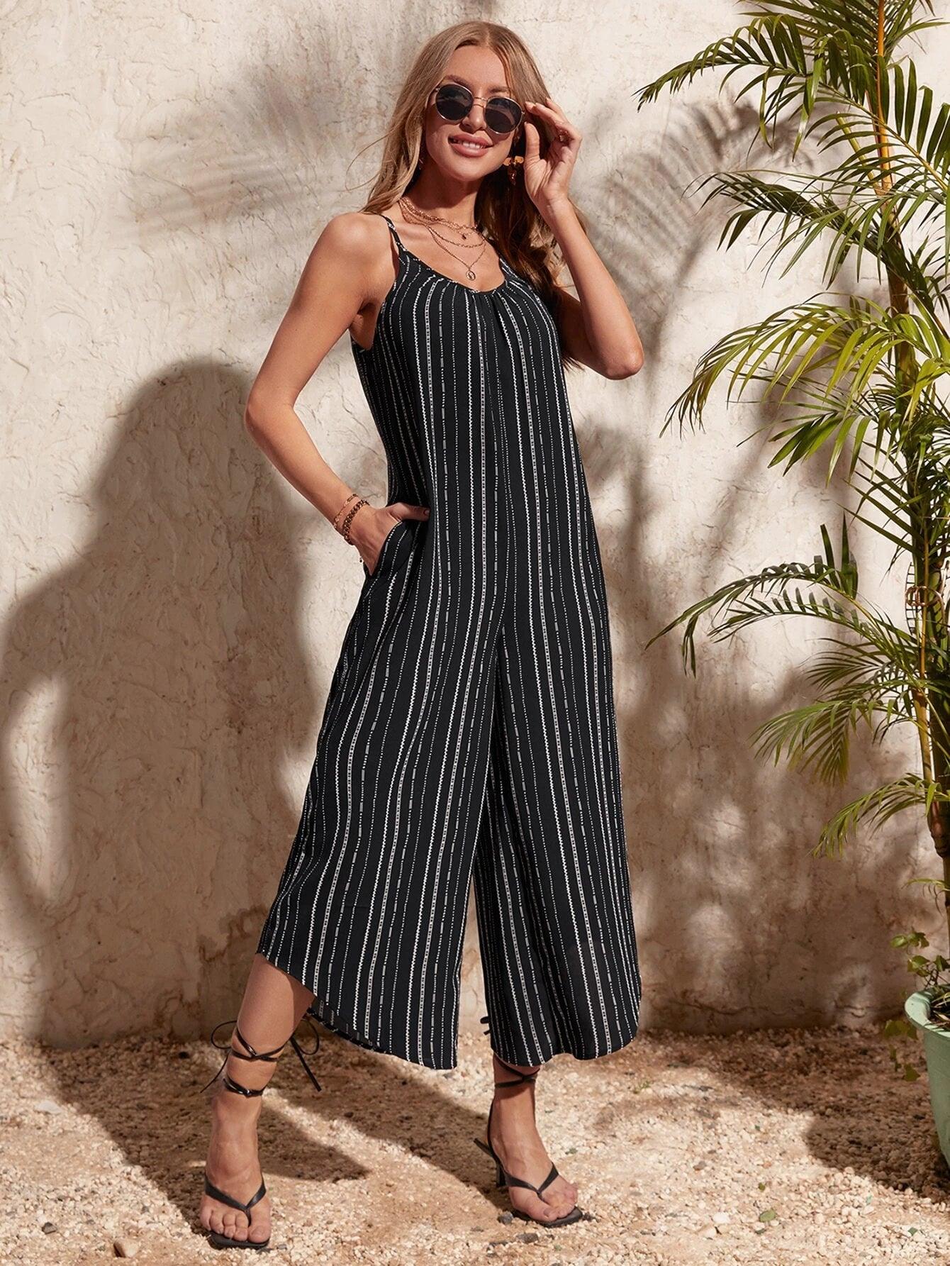 Striped Print Cami Jumpsuit-Comfy Jumpsuits